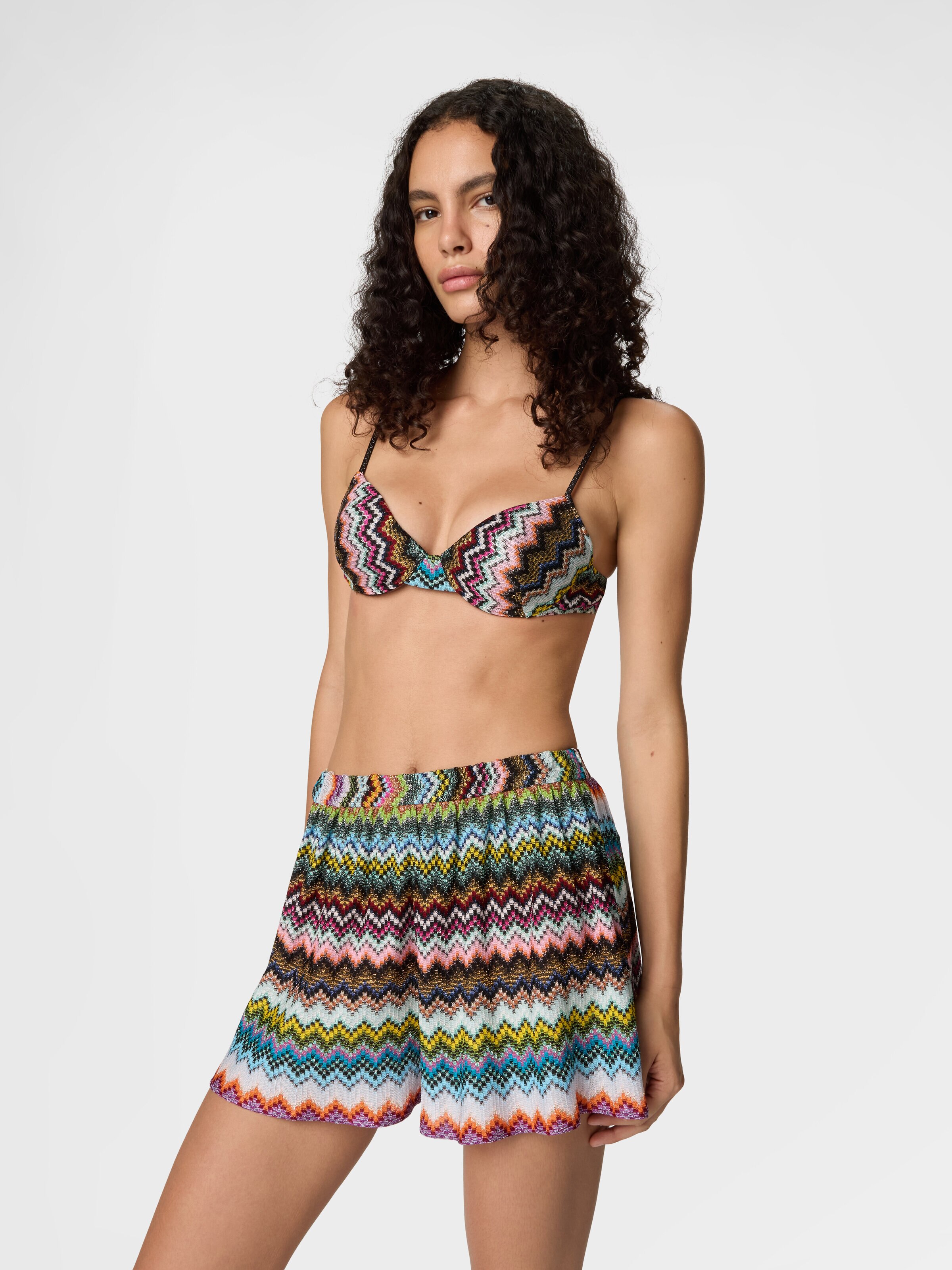 Shorts de viscosa lamé con motivo zigzag pixelado, Negro & Multicolor - 3