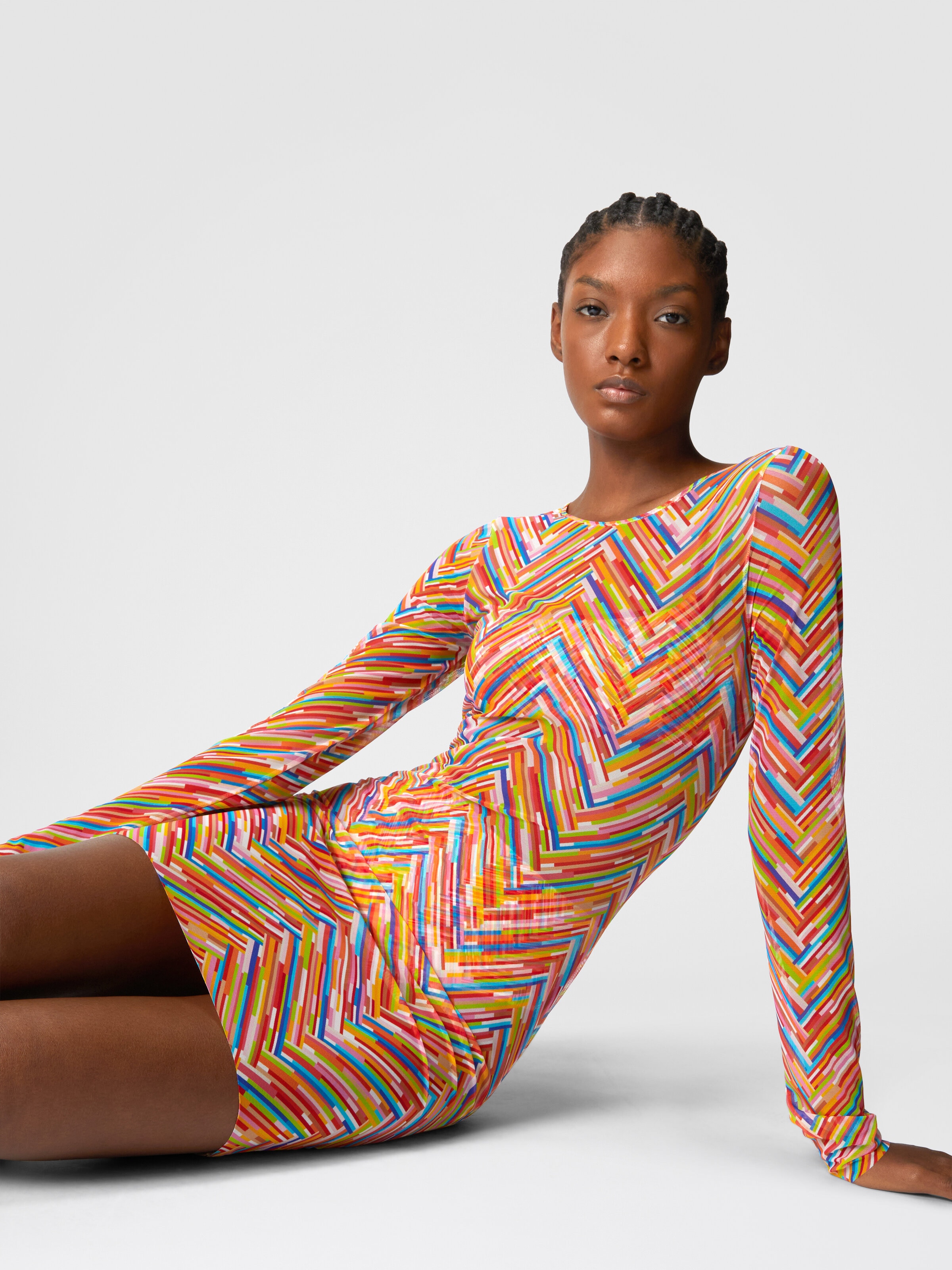 Vestido de manga larga en tul estampado, Multicolor  - 4