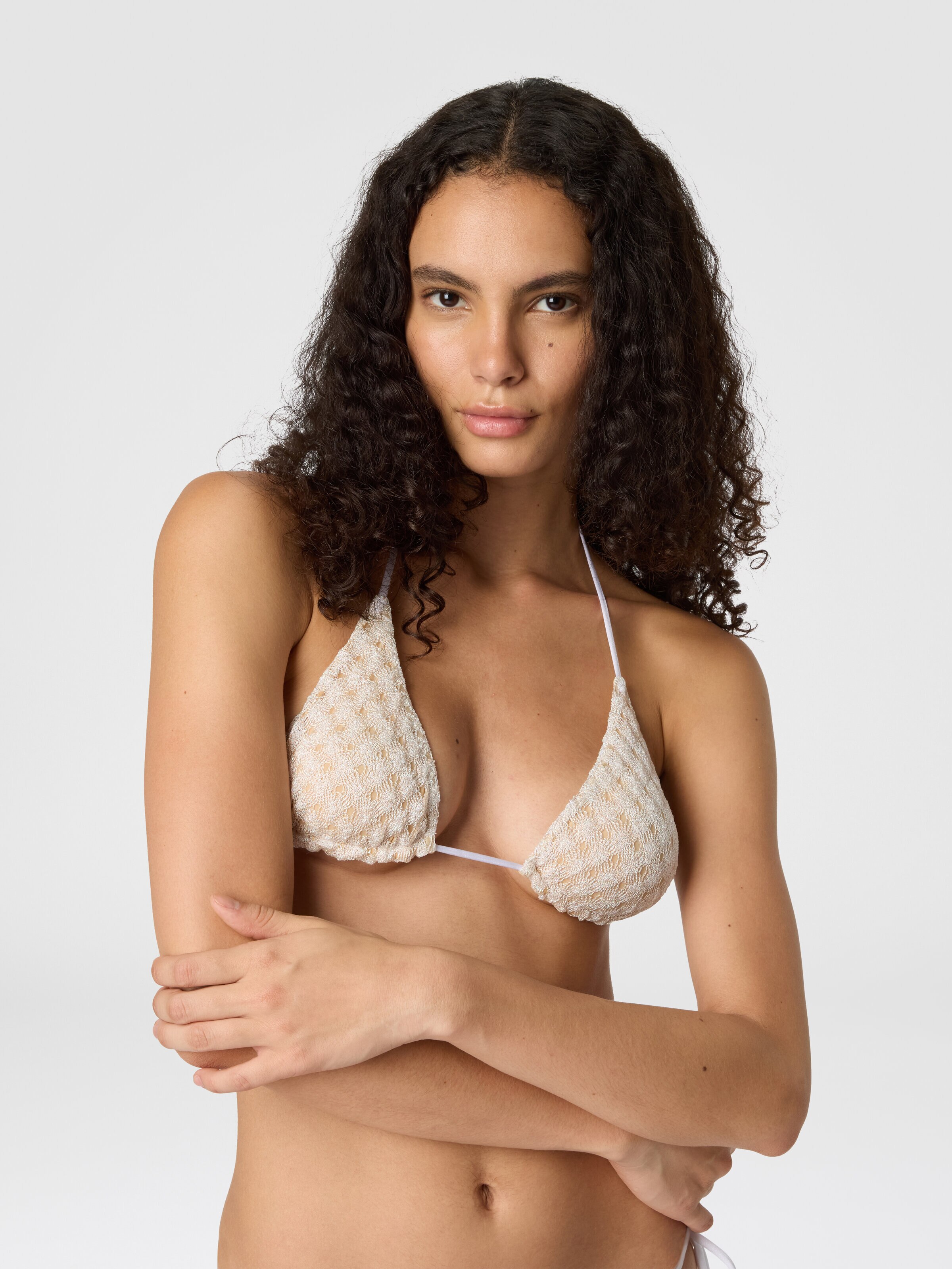 Triangle bikini in lamé viscose with raschel workmanship, White  - 3