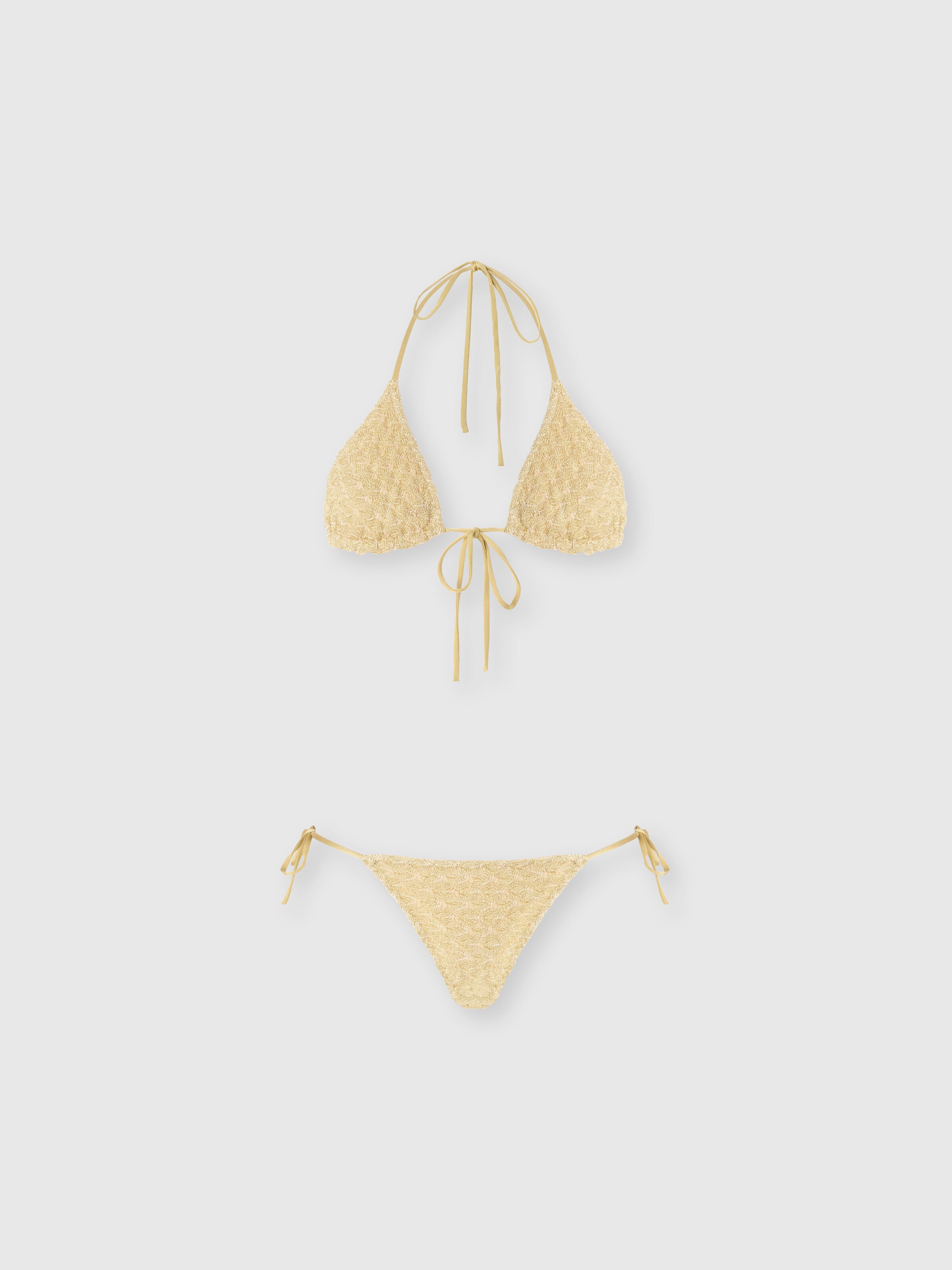 Bikini triangular de viscosa lamé con trabajo raschel, Dorado - 0