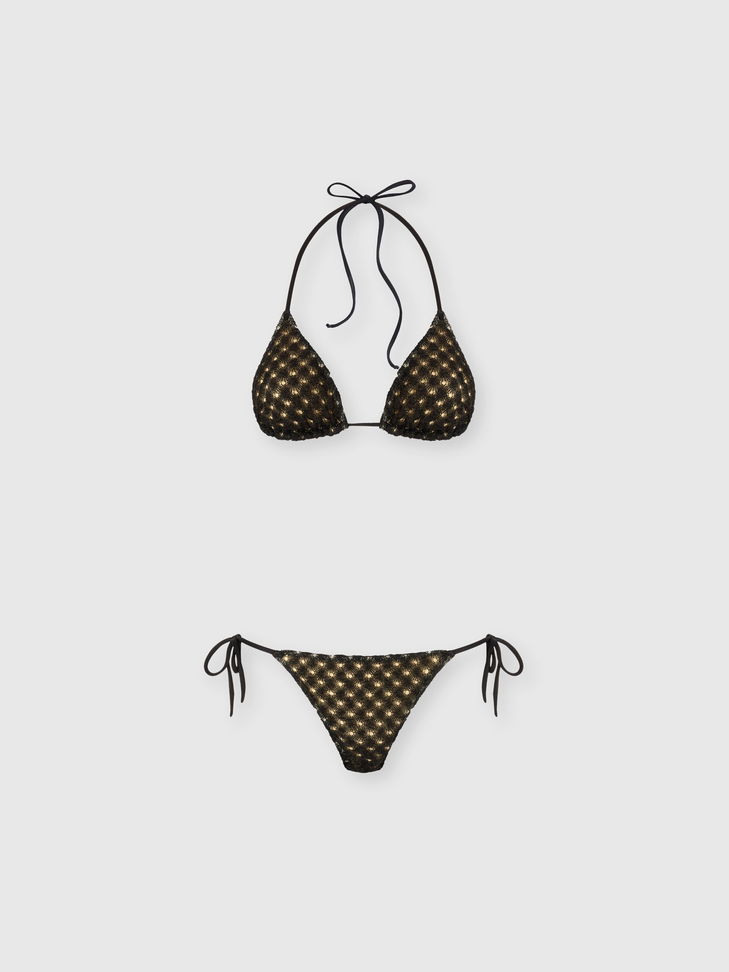 Bikini triangular de viscosa lamé con trabajo raschel, Negro - 0