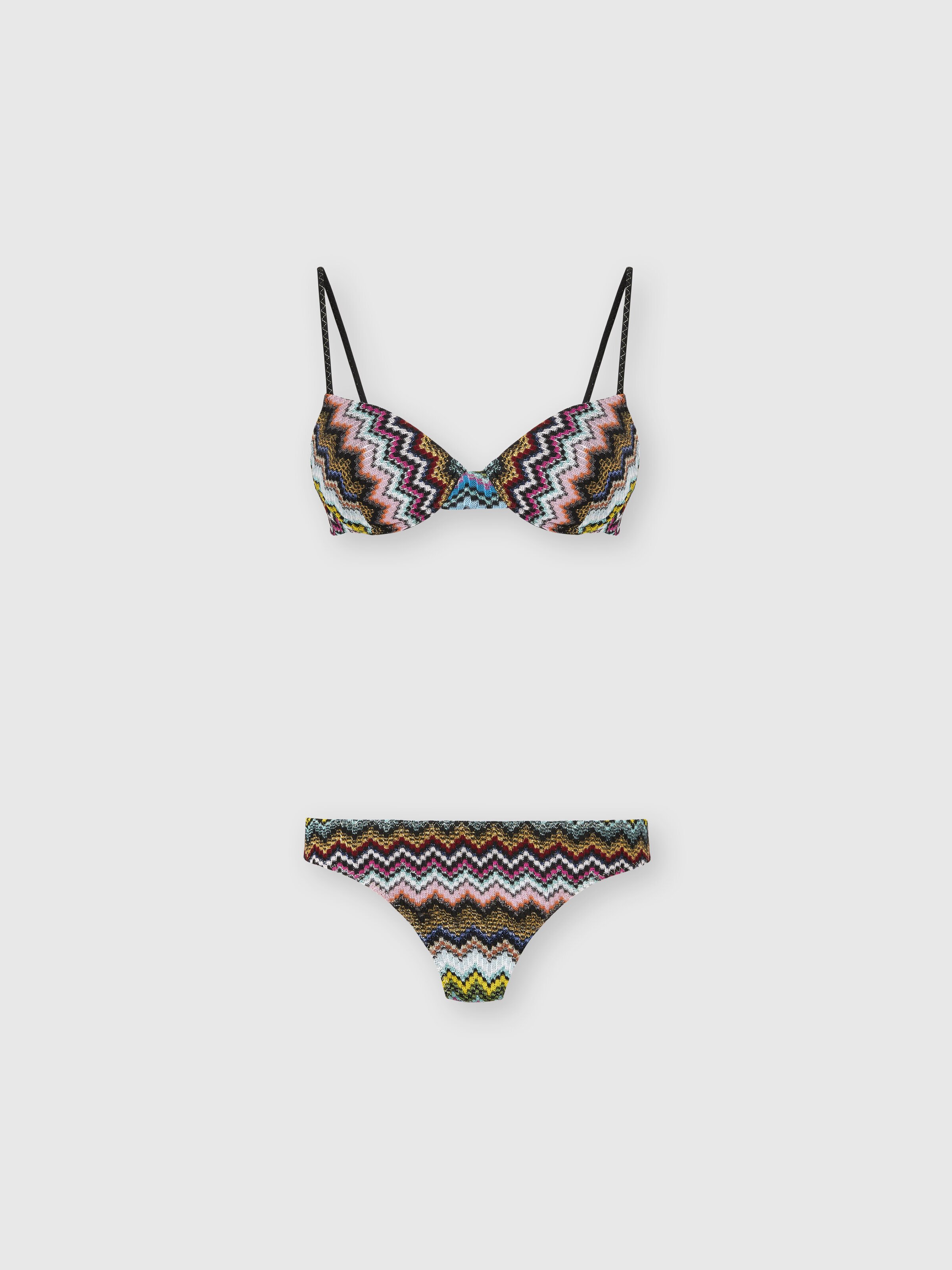 Bikini balconette de viscosa lamé con estampado de zigzag efecto píxel, Negro & Multicolor - 0