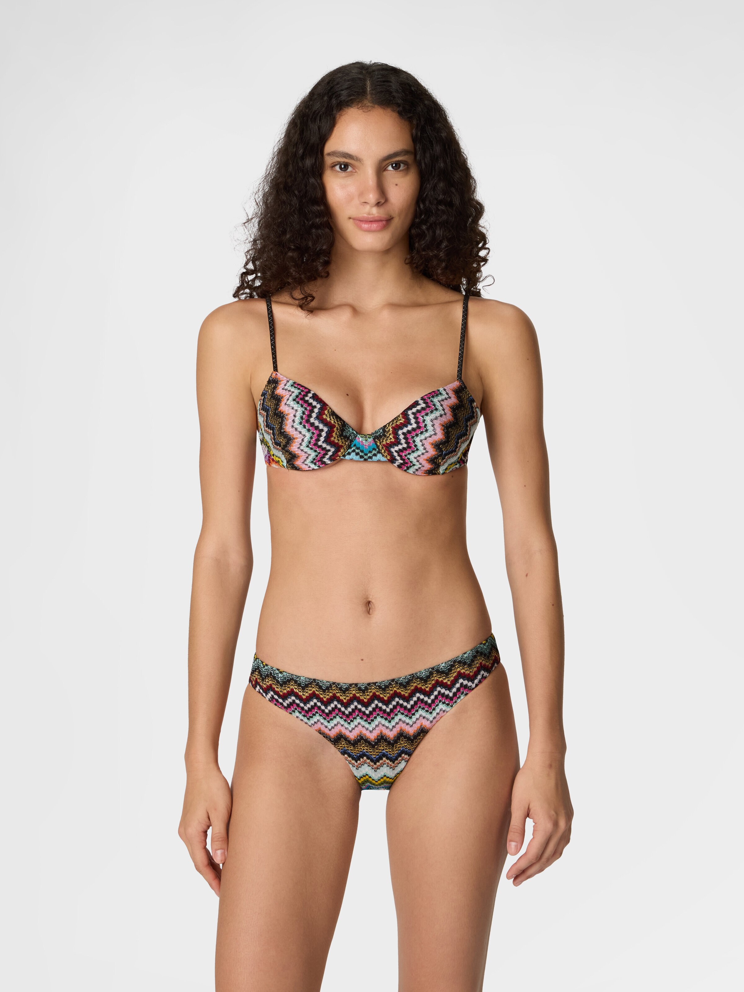 Bikini balconette de viscosa lamé con estampado de zigzag efecto píxel, Negro & Multicolor - 1