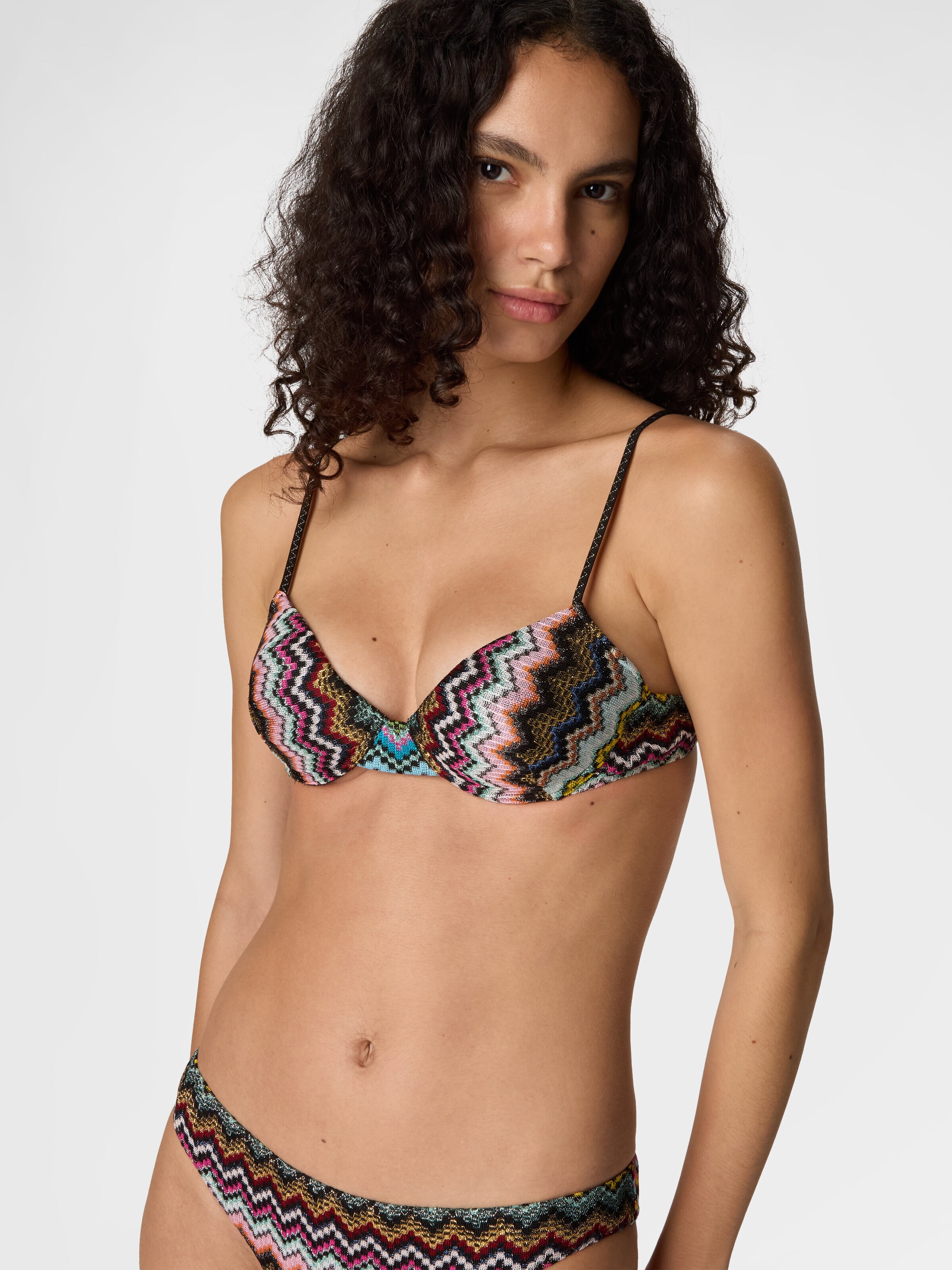 Bikini balconette de viscosa lamé con estampado de zigzag efecto píxel, Negro & Multicolor - 3