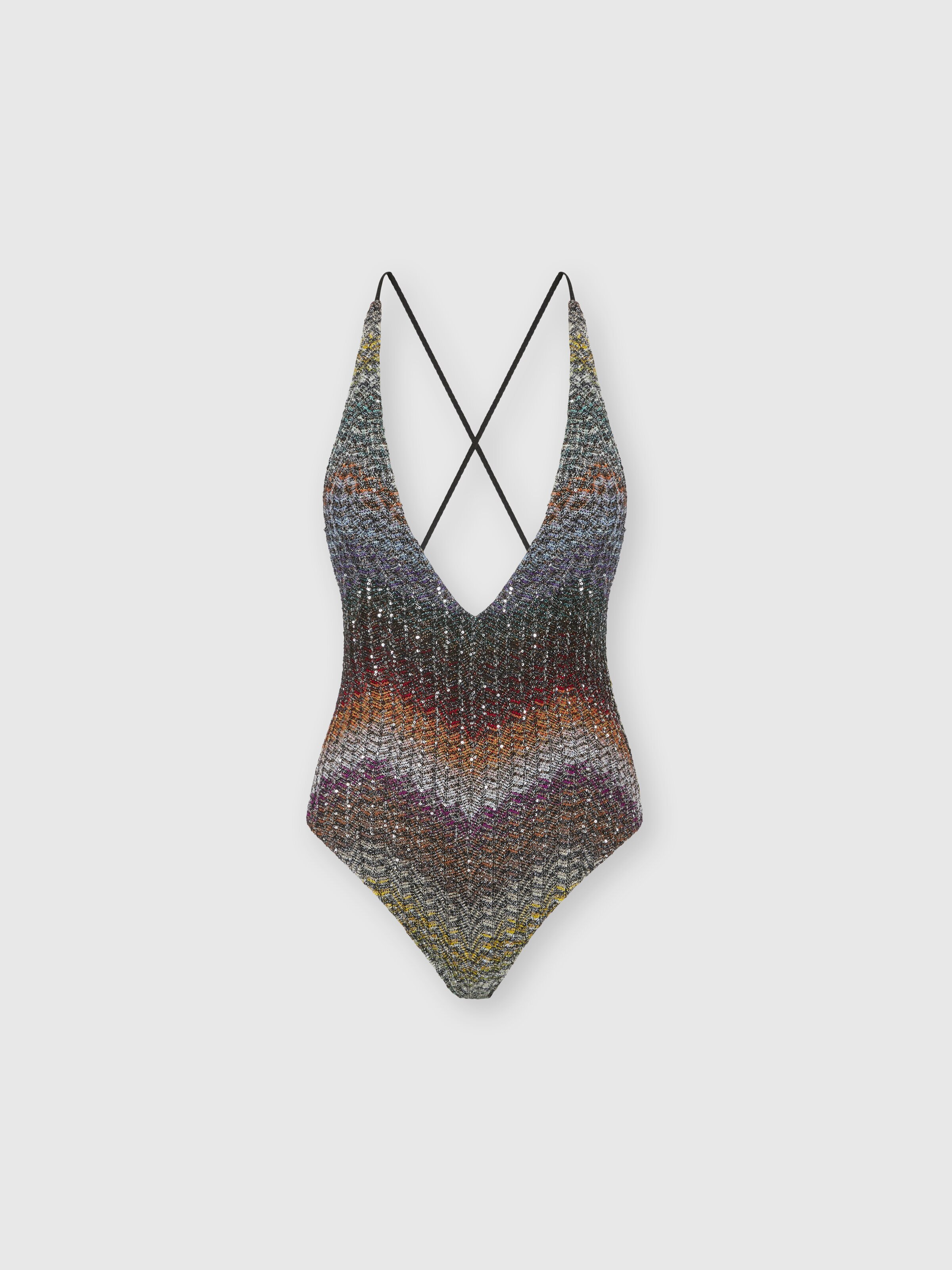 One-piece V-neck swimsuit in a Greek-style zigzag knit with sequins, Multicoloured  - 0