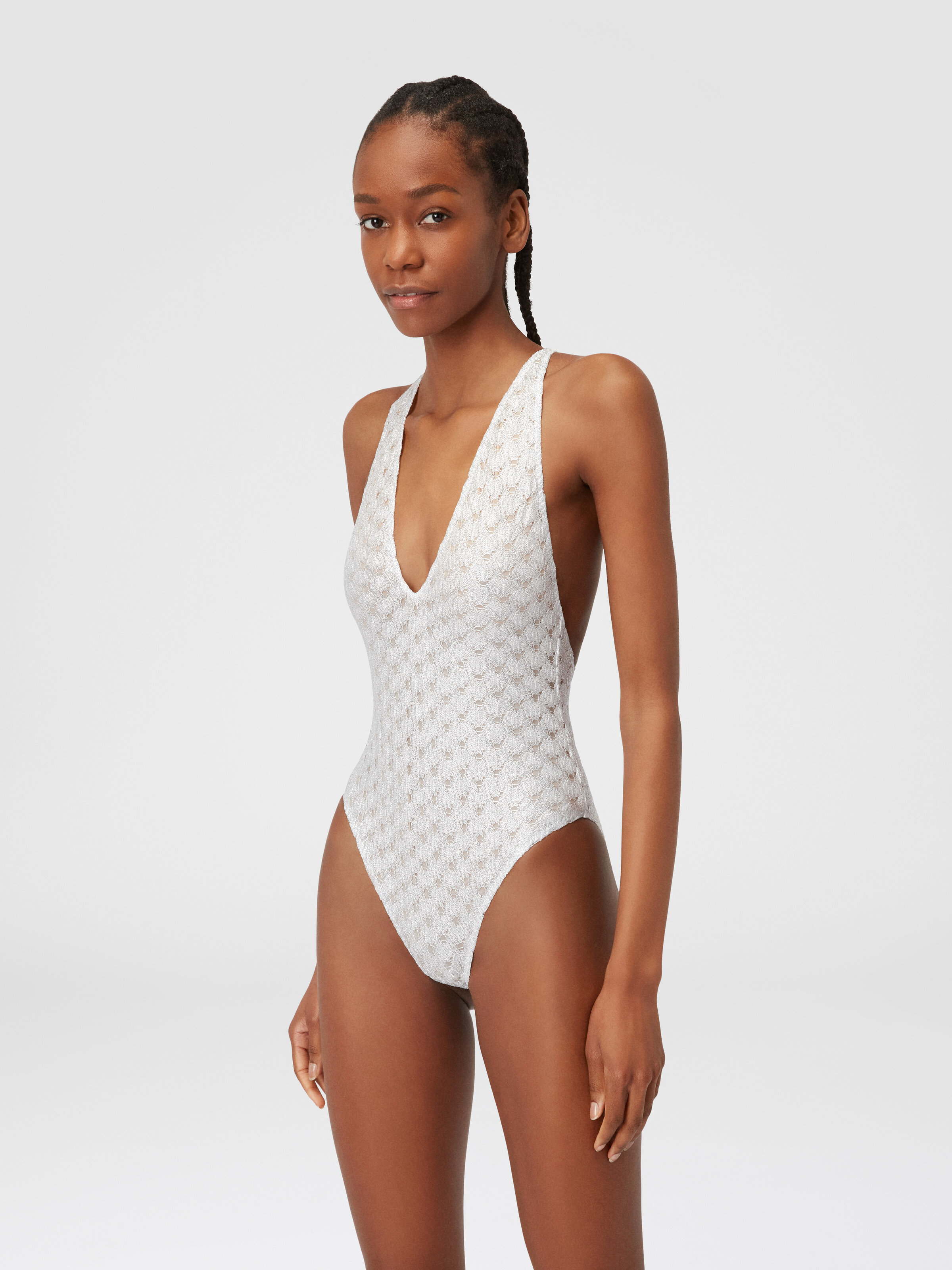 One-piece swimming costume in lace-effect viscose, White  - 1