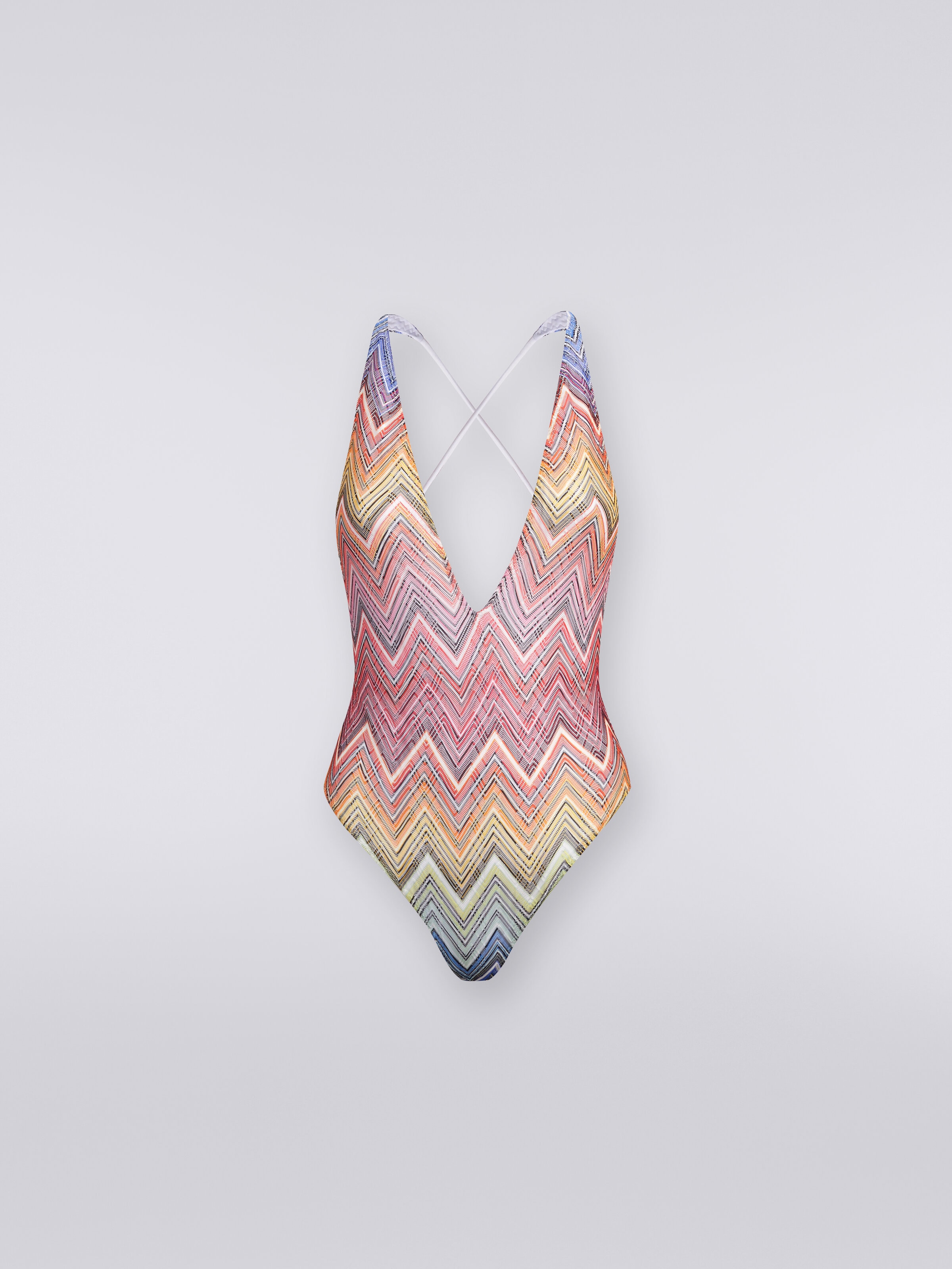 One-piece swimming costume in zigzag print fabric, Multicoloured  - 0