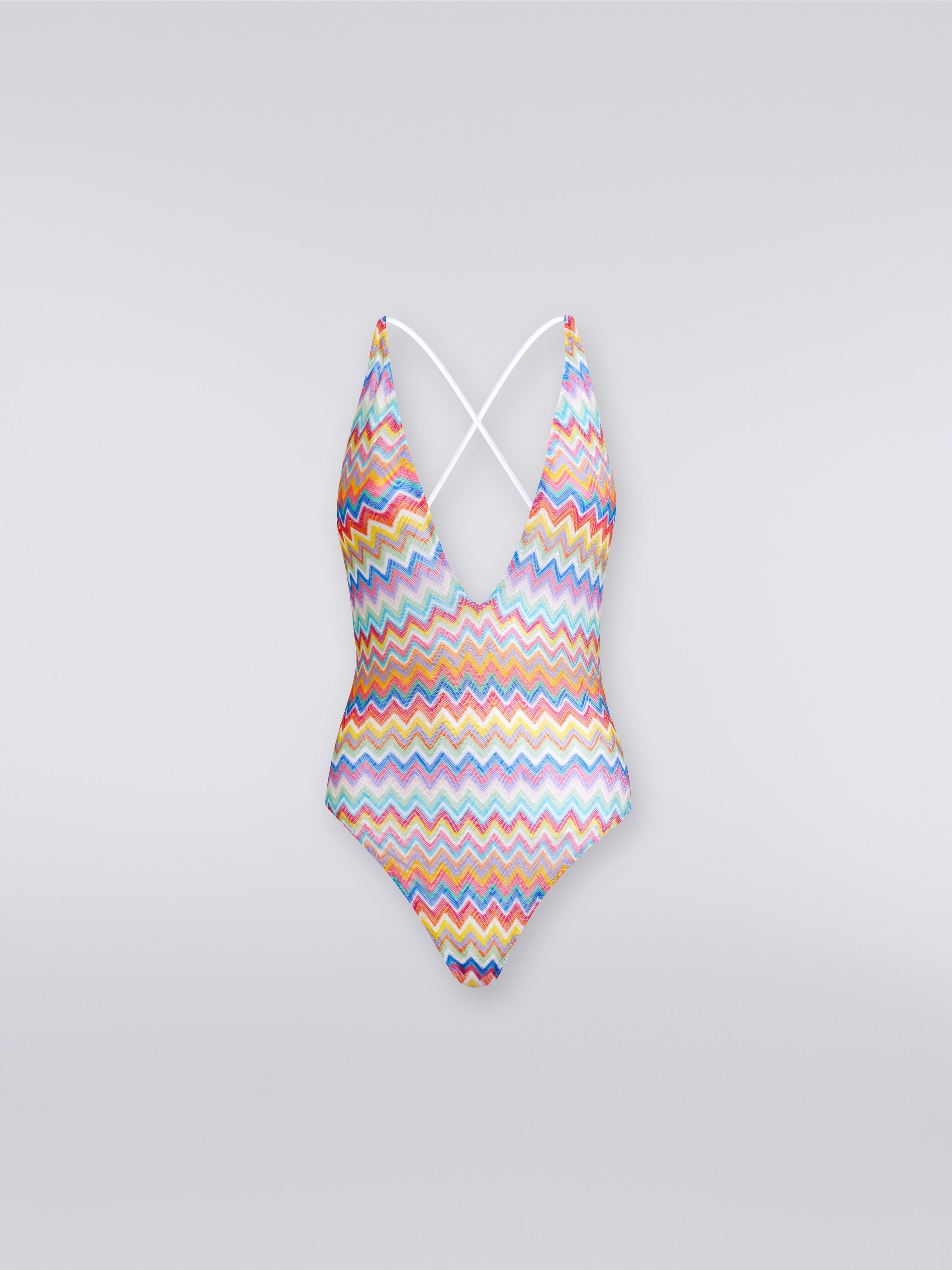 Badeanzug mit Zickzack-Print und V-Ausschnitt, Mehrfarbig  - 0