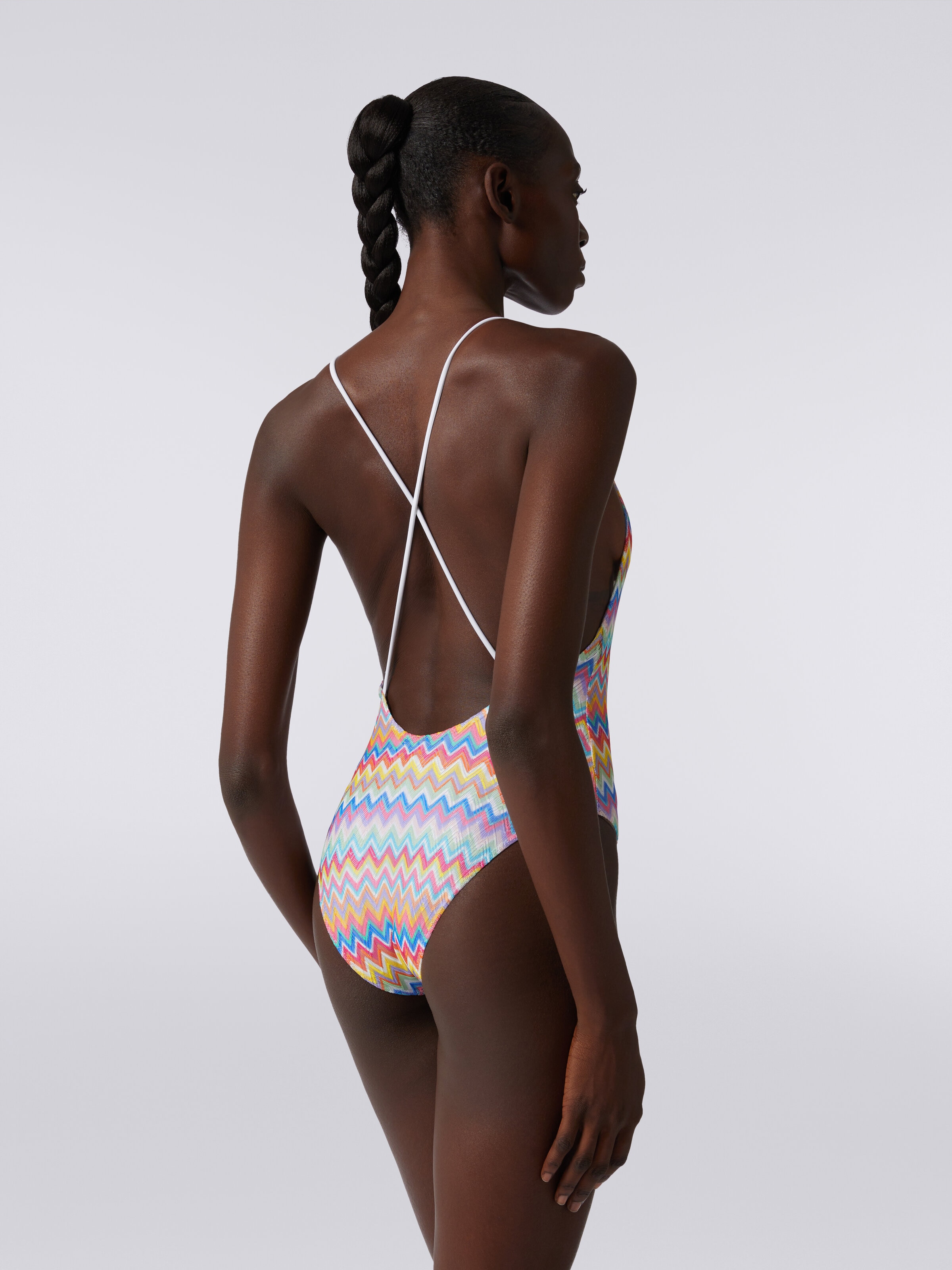 Maillot de bain une pièce à imprimé zig-zag avec encolure en V, Multicolore  - 3