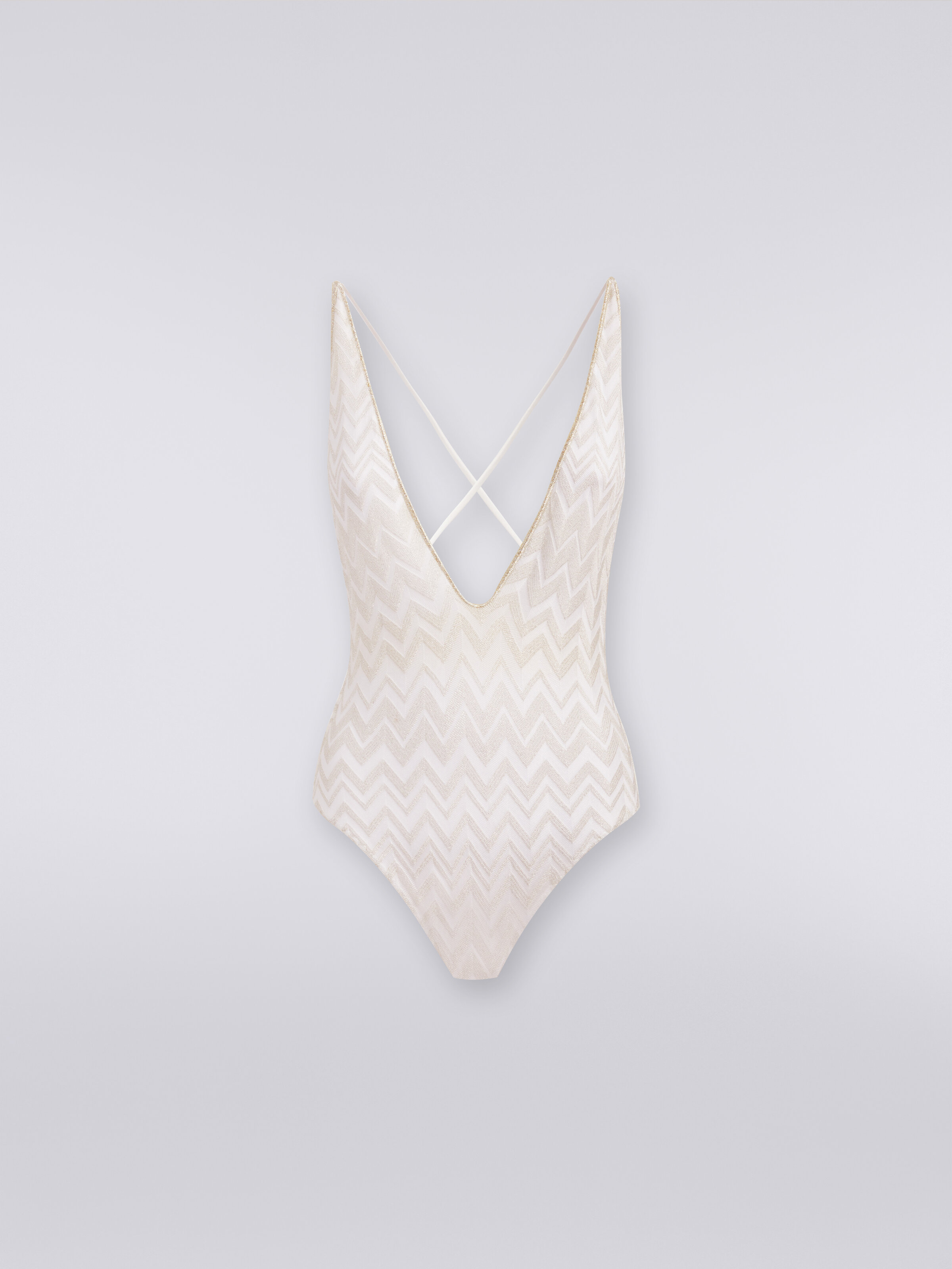 One-piece swimming costume with tone-on-tone lamé chevron, White  - 0