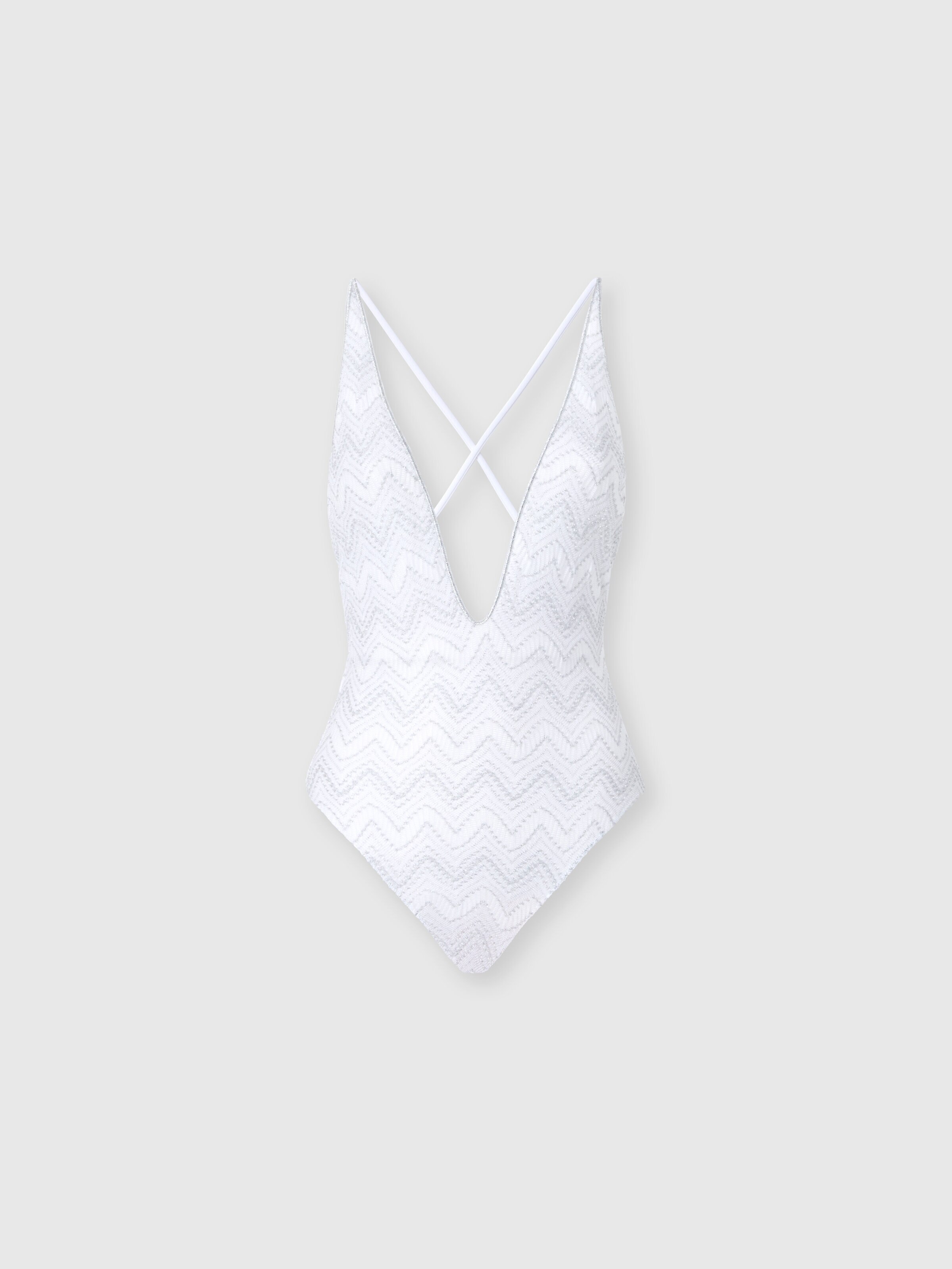 V-neck zig zag lamé viscose one-piece swimsuit, Silver - 0
