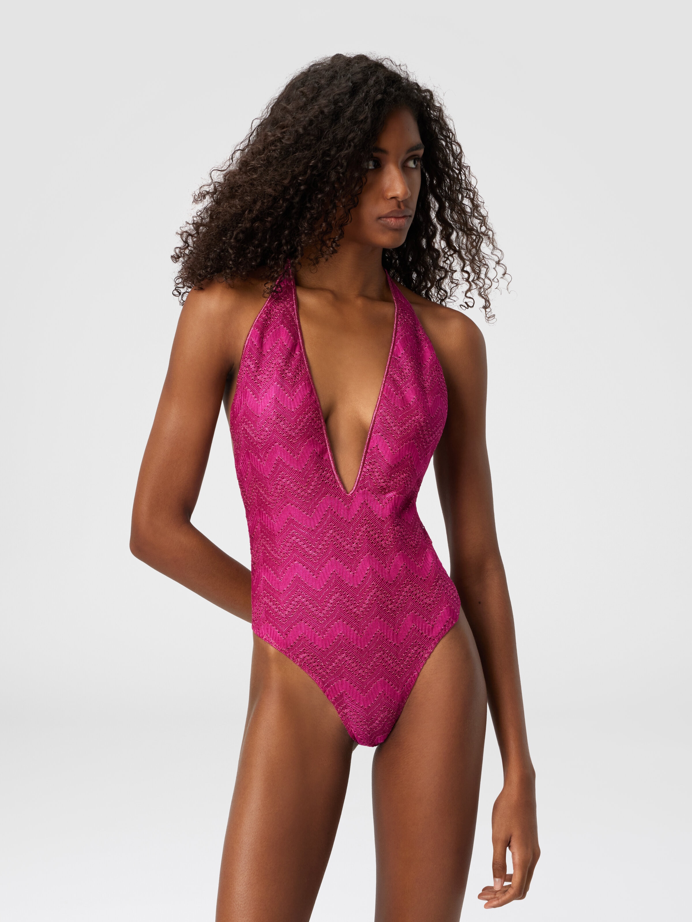 V-neck zig zag lamé viscose one-piece swimsuit, Purple  - 1