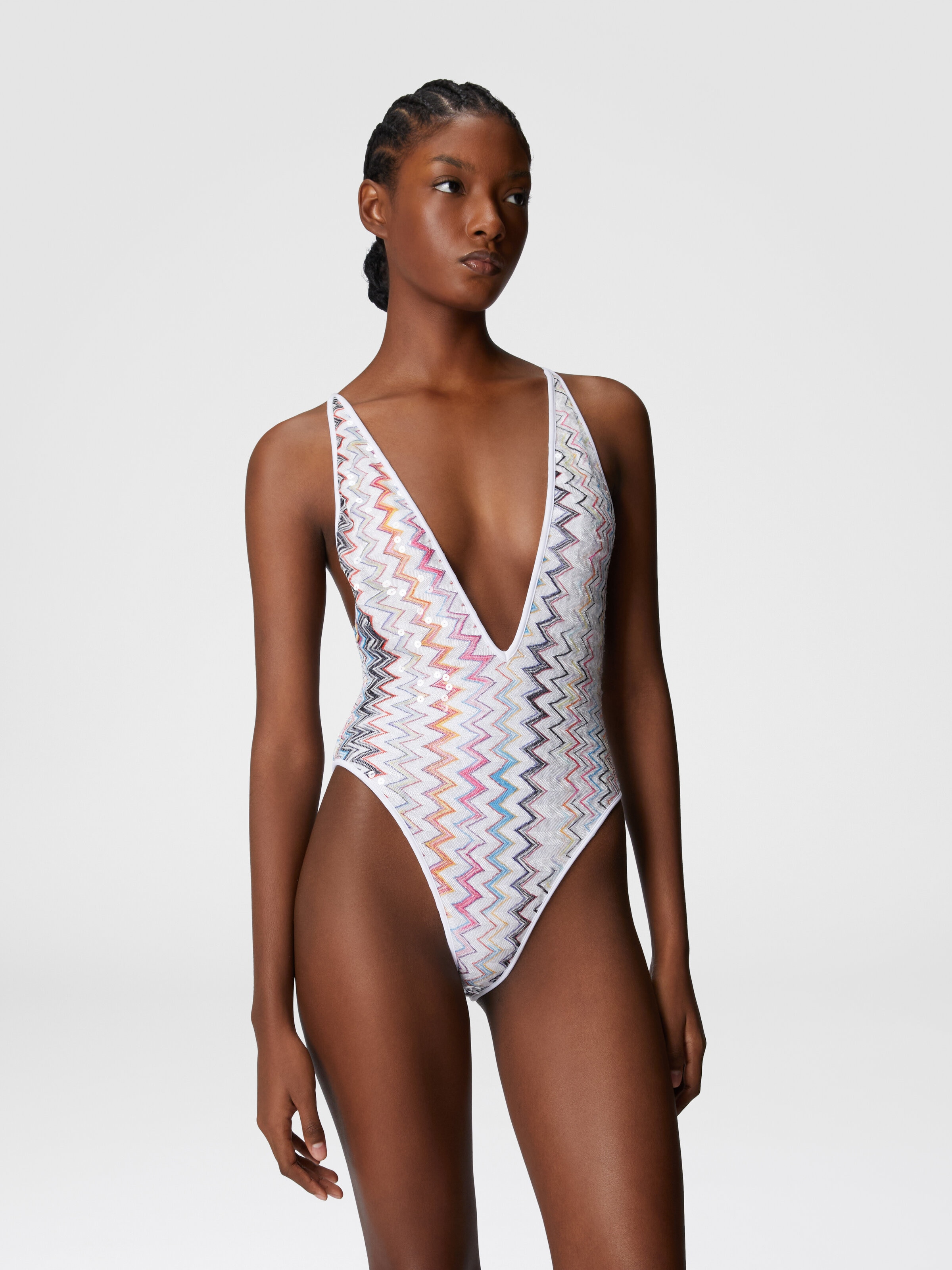One-piece swimsuit with V-neck and sequins, Multicoloured  - 1