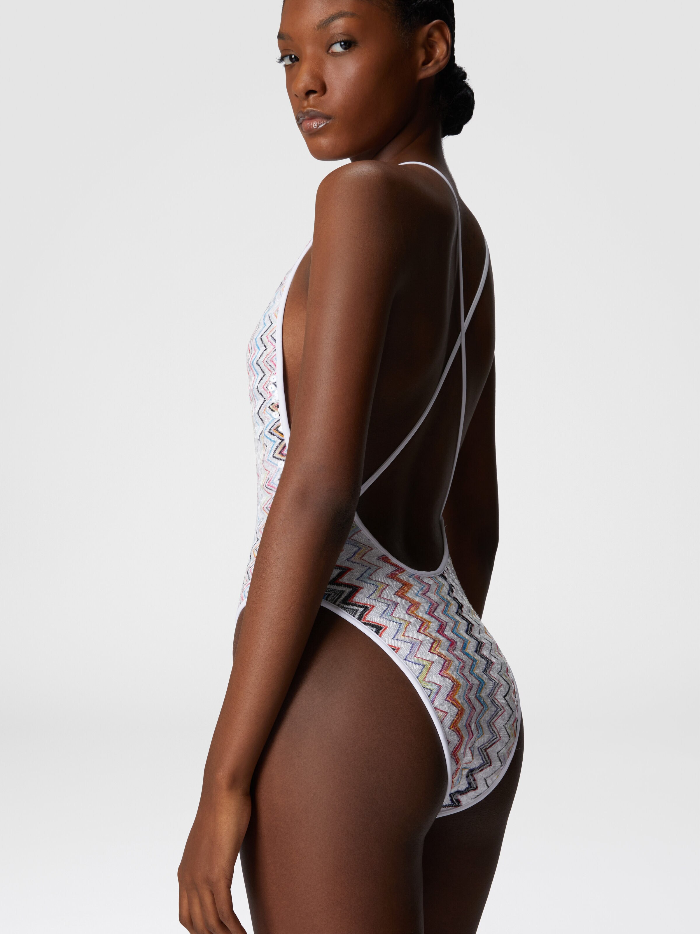 One-piece swimsuit with V-neck and sequins, Multicoloured  - 3