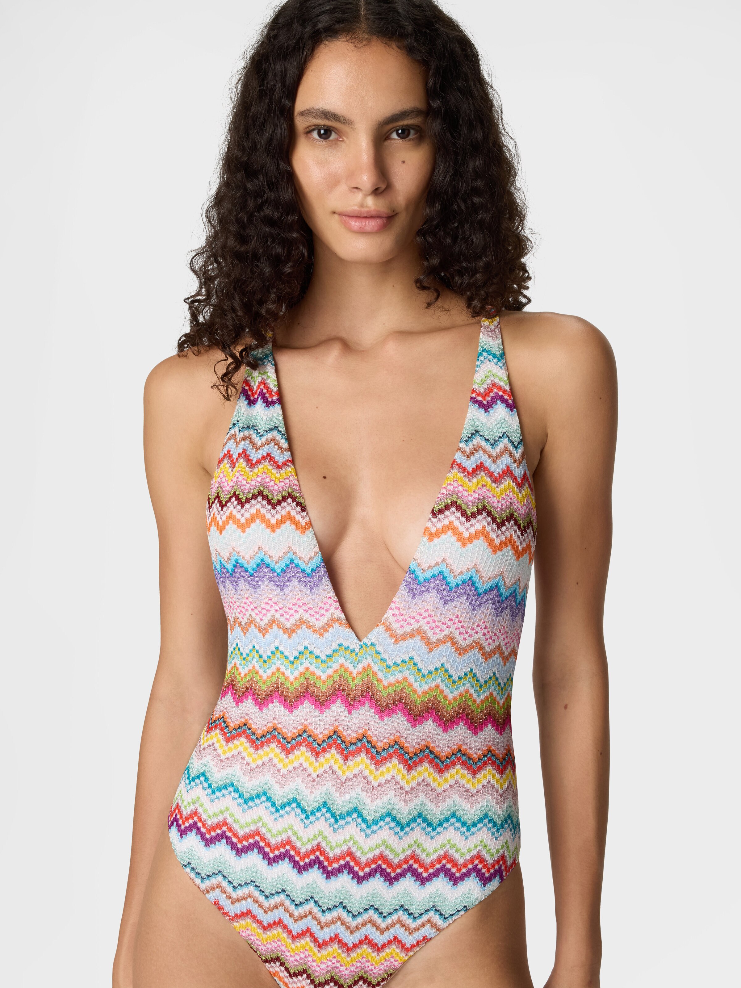 Bañador entero de viscosa lamé con motivo de zigzag efecto píxel y escote en V, Multicolor  - 3