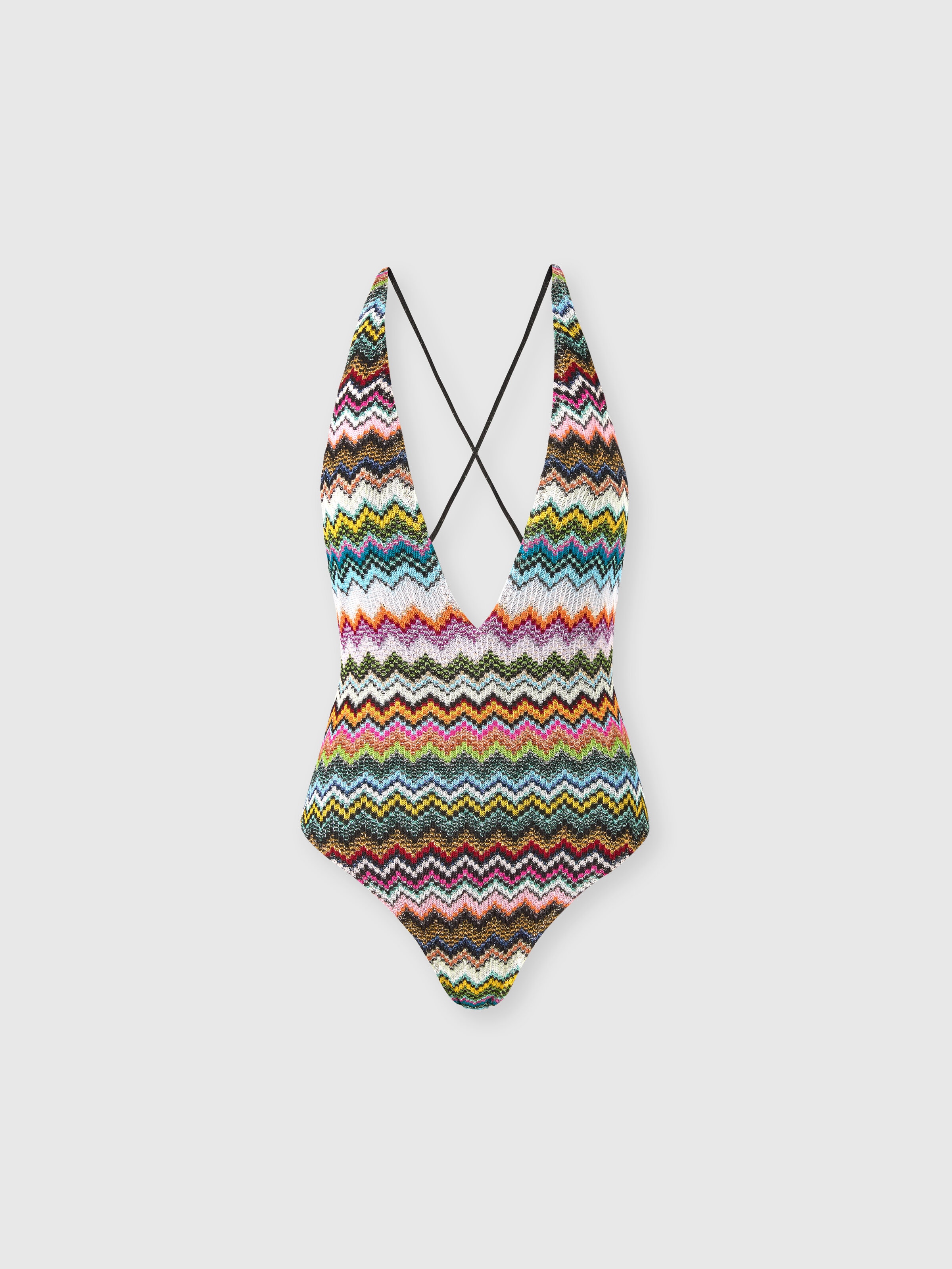 One-piece swimsuit in lamé viscose with pixel-effect zigzag pattern and V-neckline, Black & Multicoloured - 0