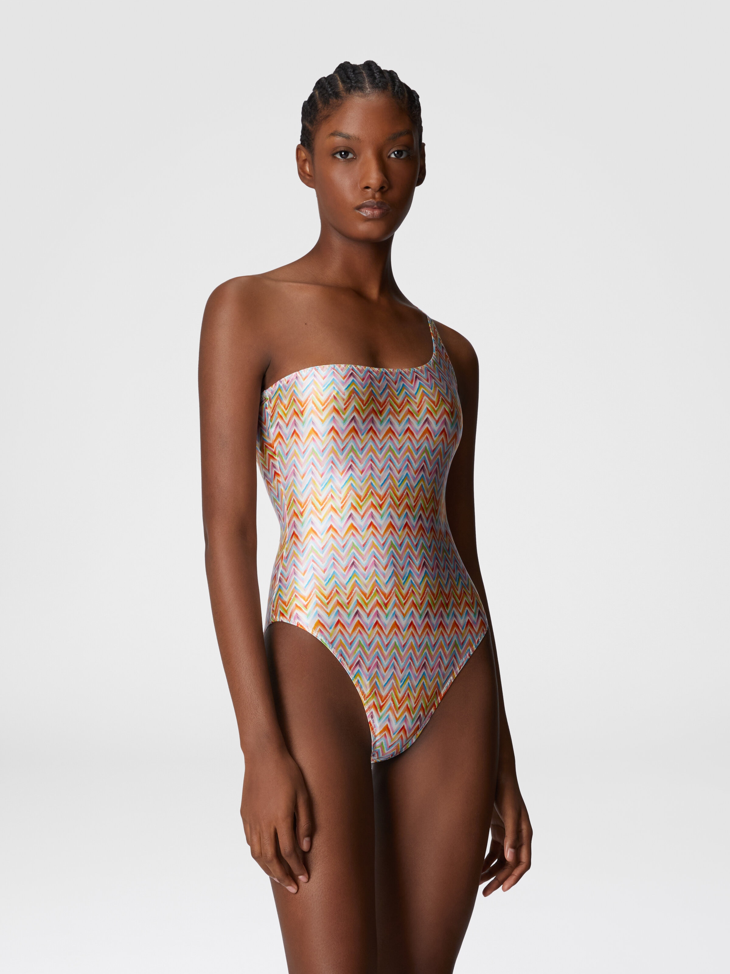 One-shoulder swimsuit in technical fabric, Multicoloured  - 1