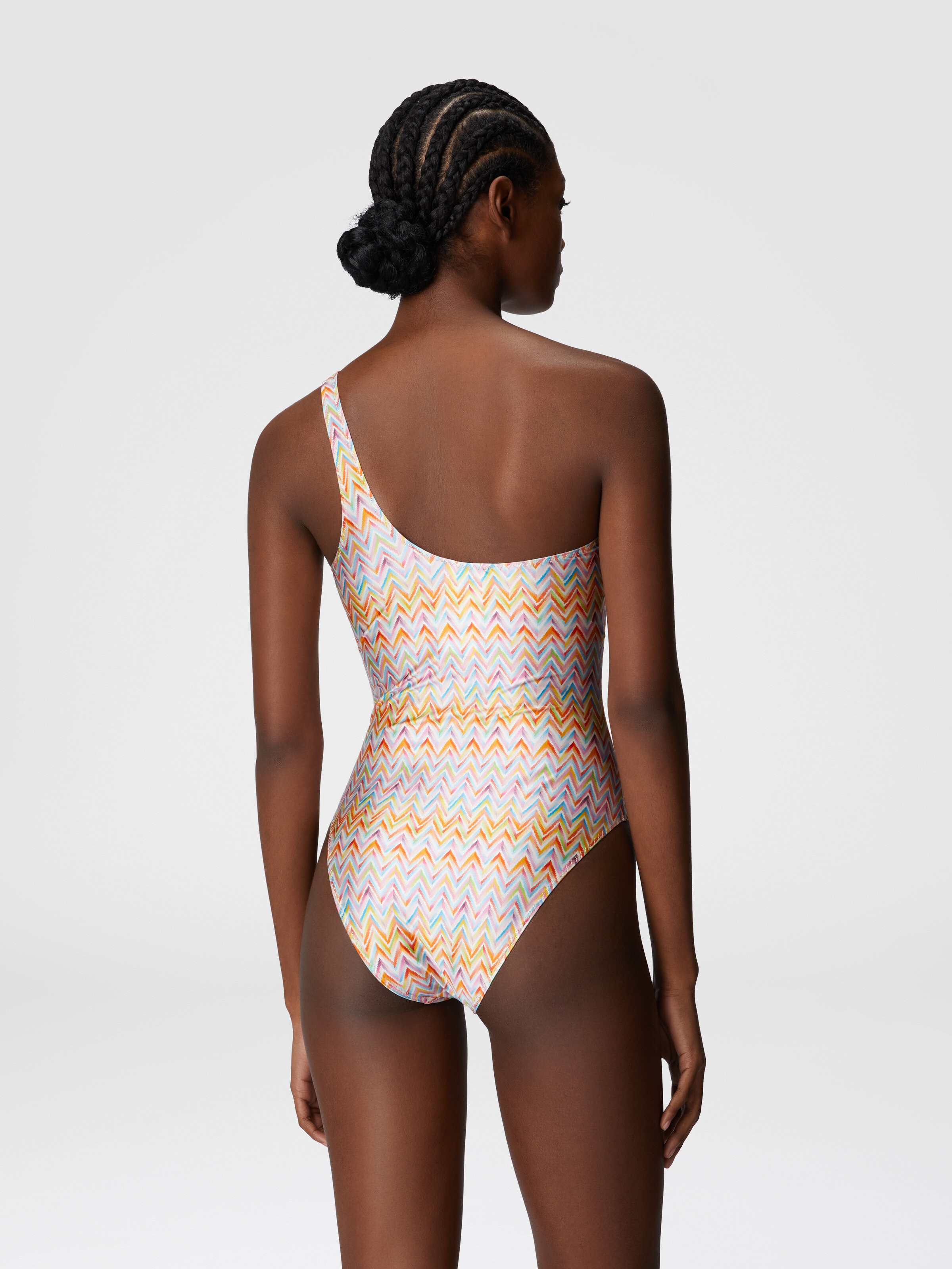 One-shoulder swimsuit in technical fabric, Multicoloured  - 2