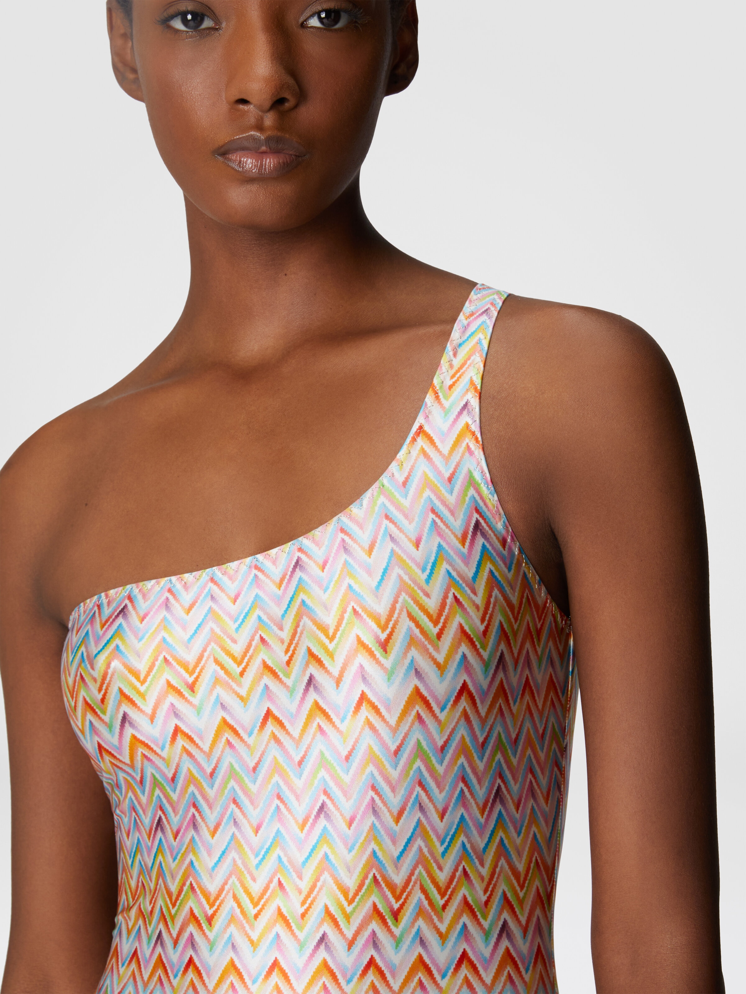 One-shoulder swimsuit in technical fabric, Multicoloured  - 4