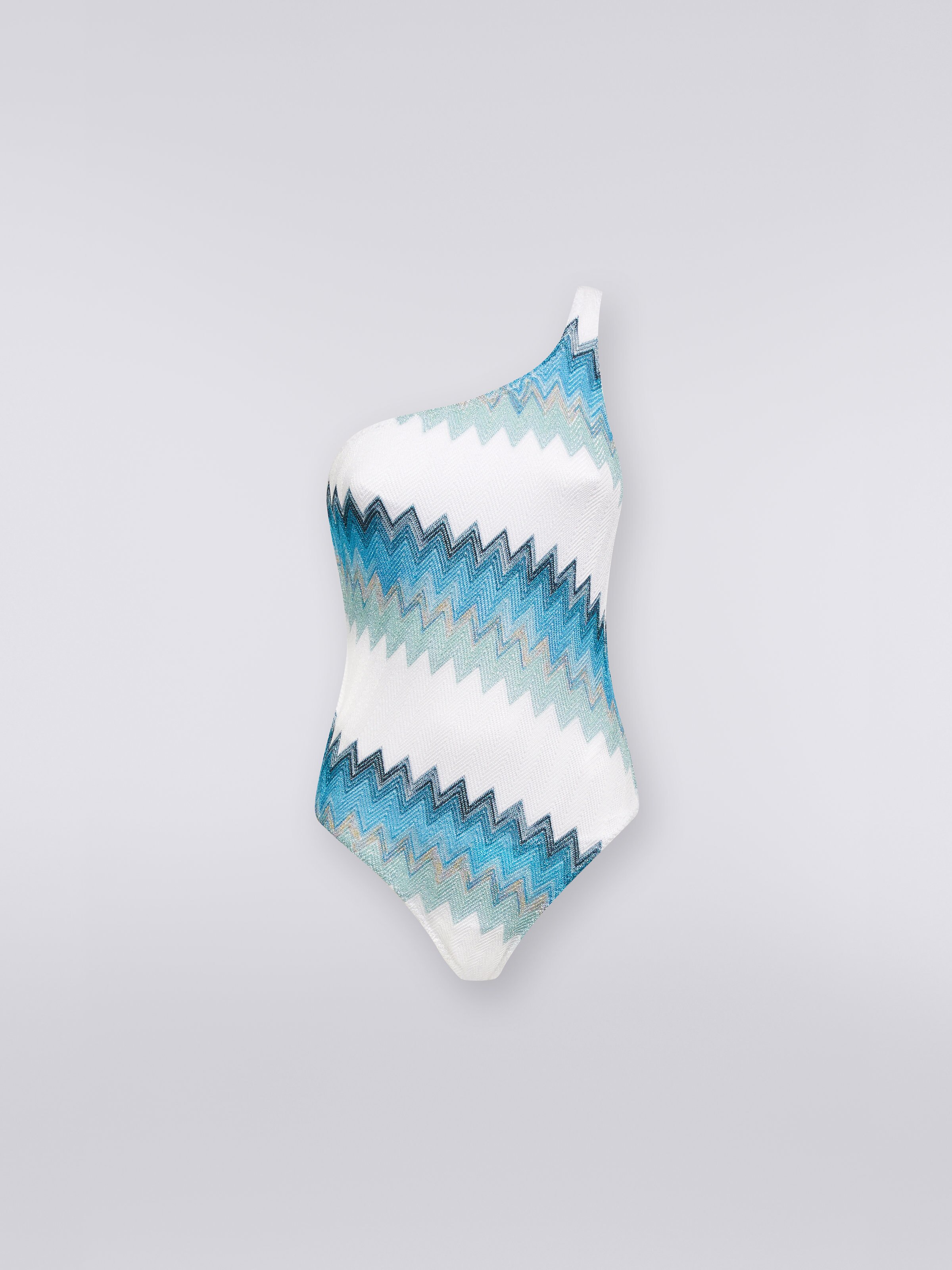 One-piece one-shoulder chevron swimming costume with lamé, White, Blue & Sky Blue - 0
