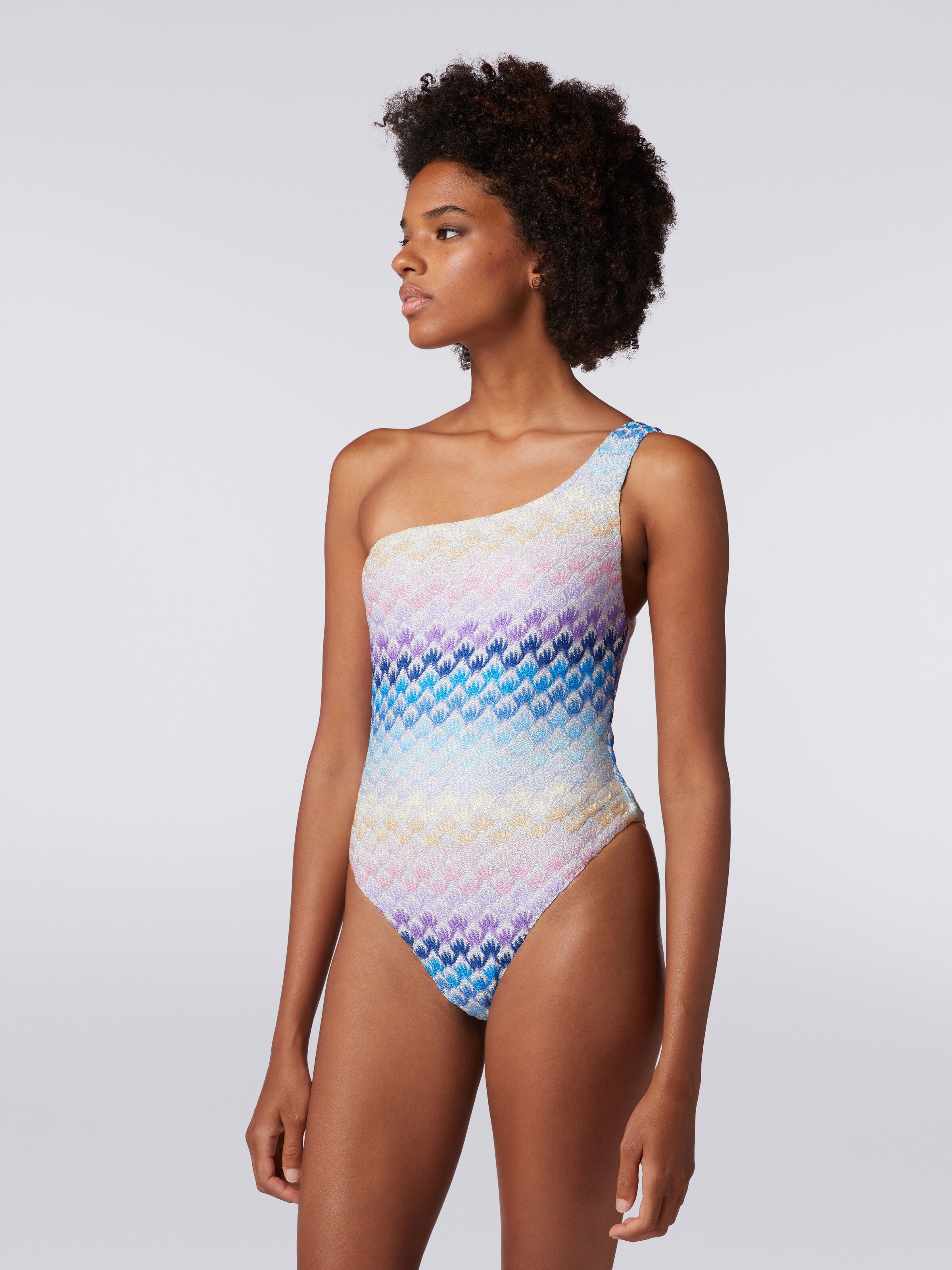 Maillot de bain une pièce à épaule dénudée effet dentelle avec lurex, Bleu - 2