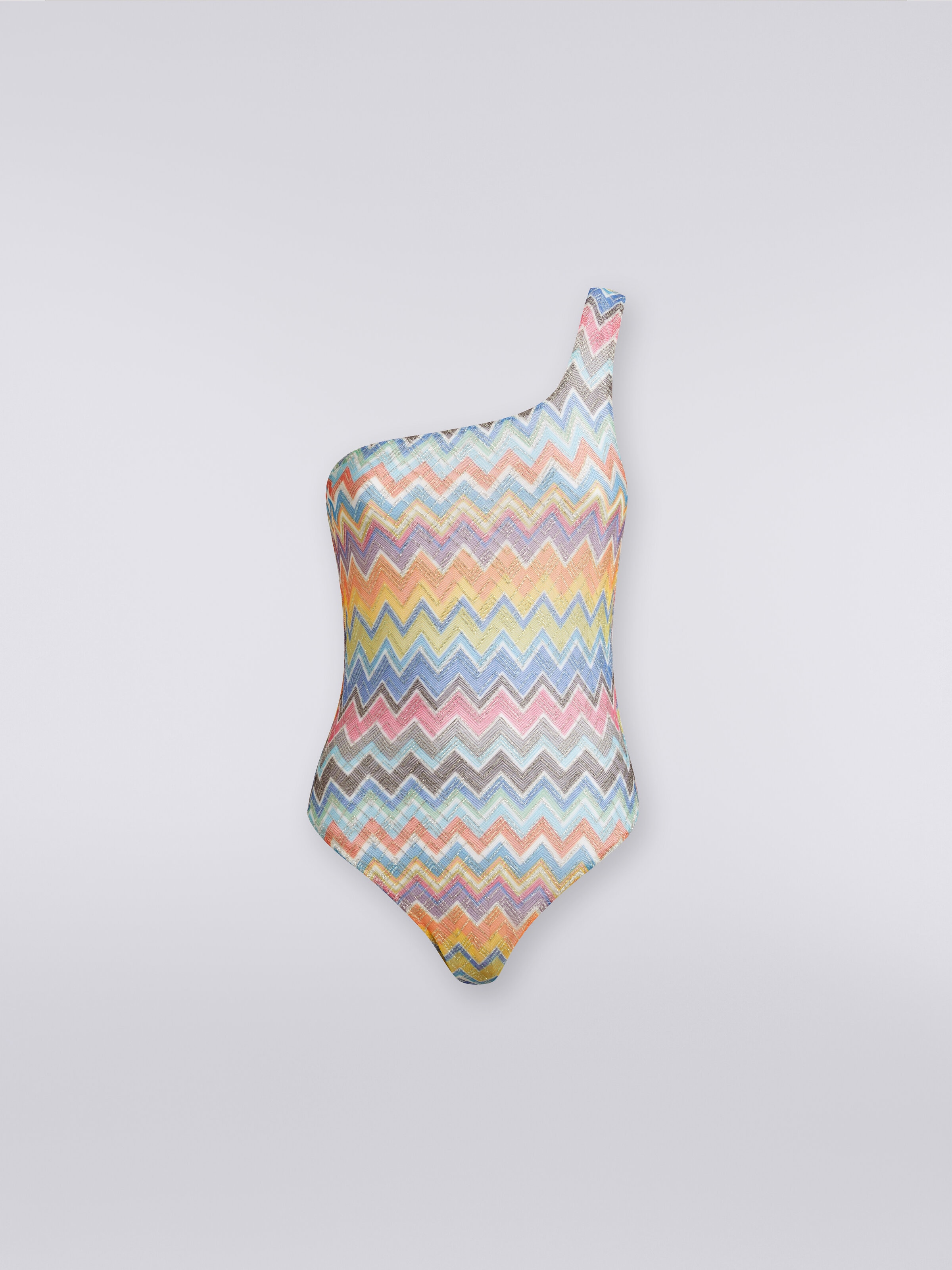 Bañador de un solo hombro con estampado en zigzag y lúrex, Multicolor  - 0