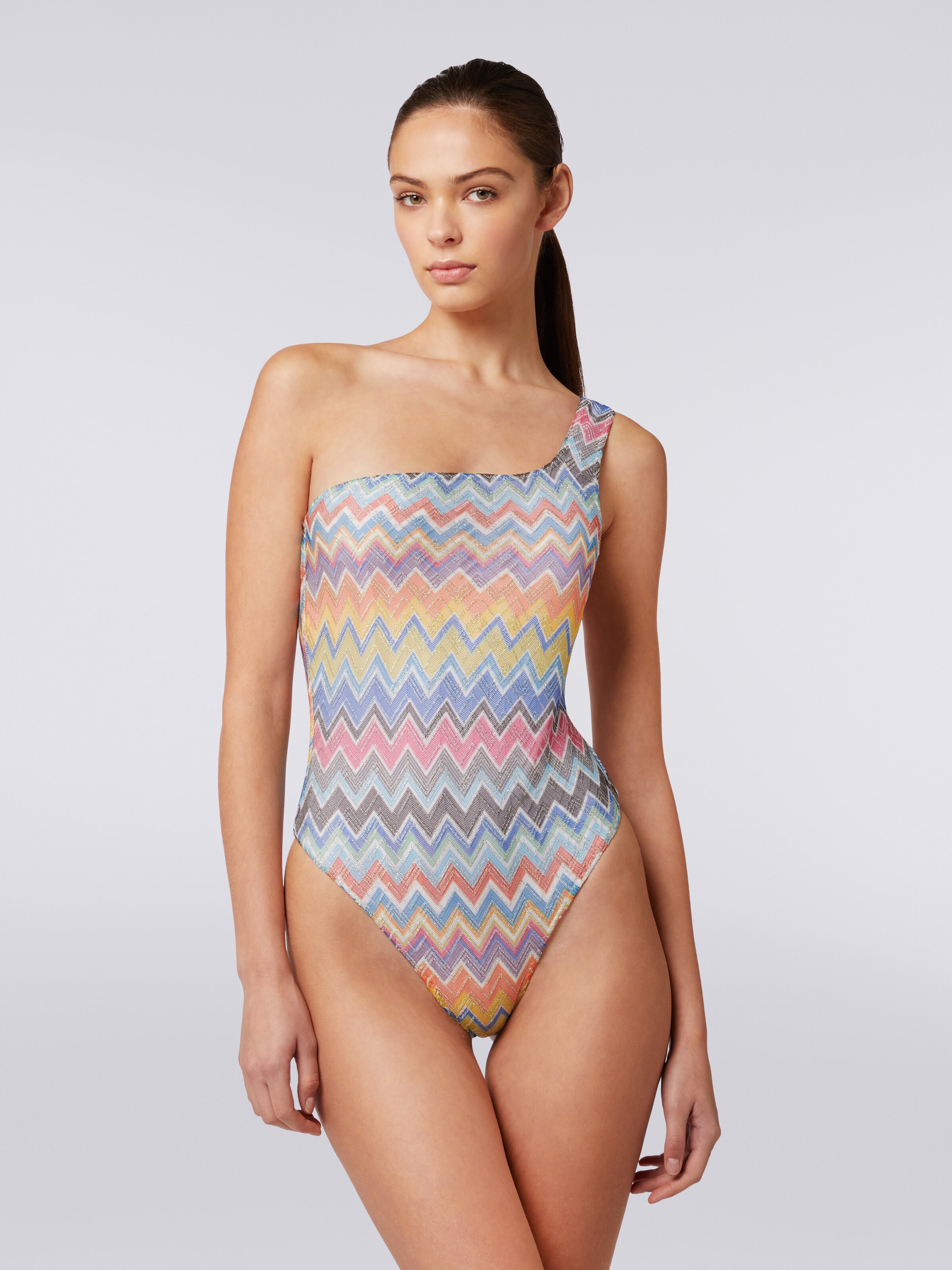 One-shoulder one-piece swimming costume with zigzag print and lurex, Multicoloured  - 1