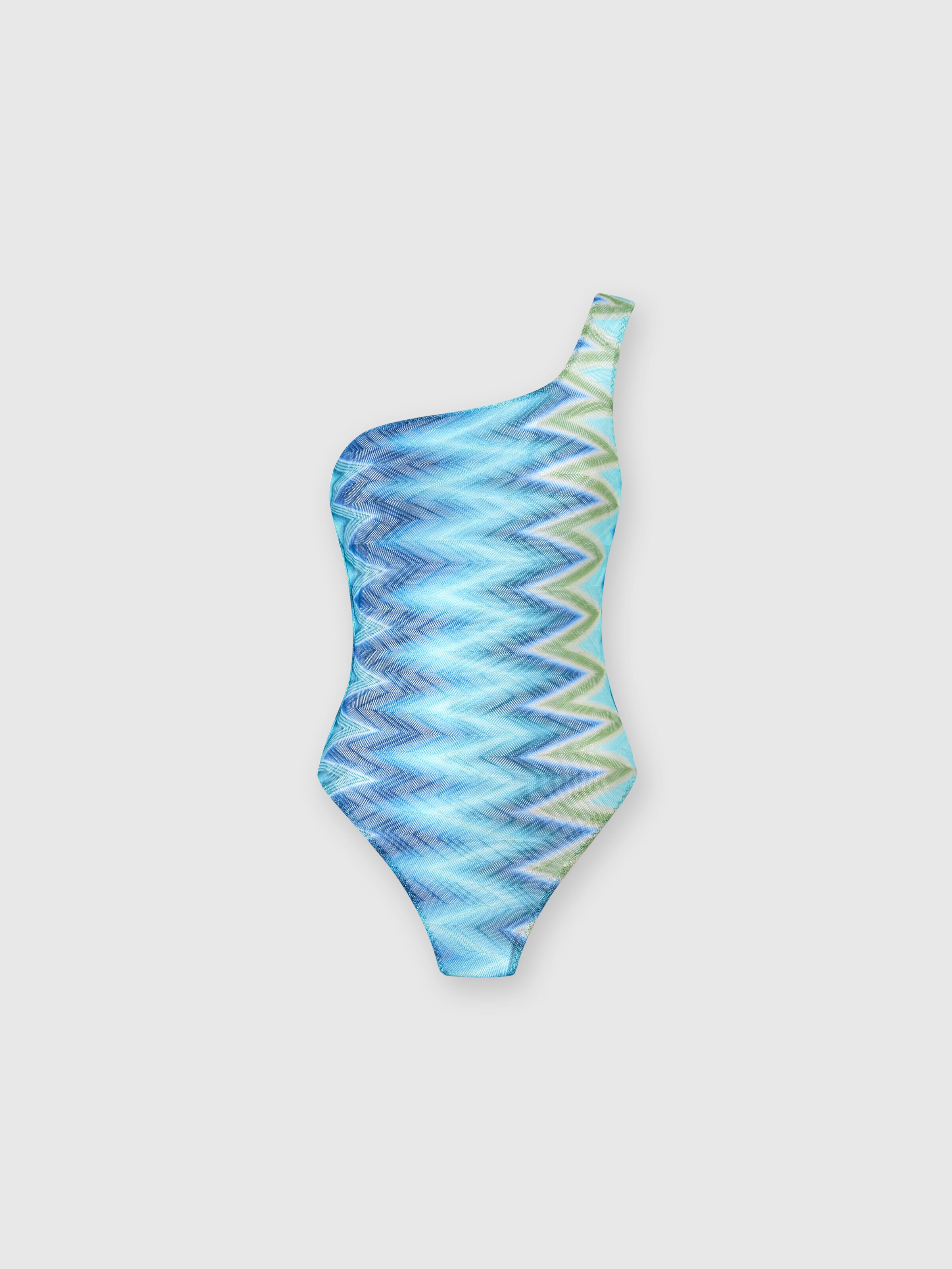 One-Shoulder Swimsuit with Faded Stripes, Blue & Green - 0