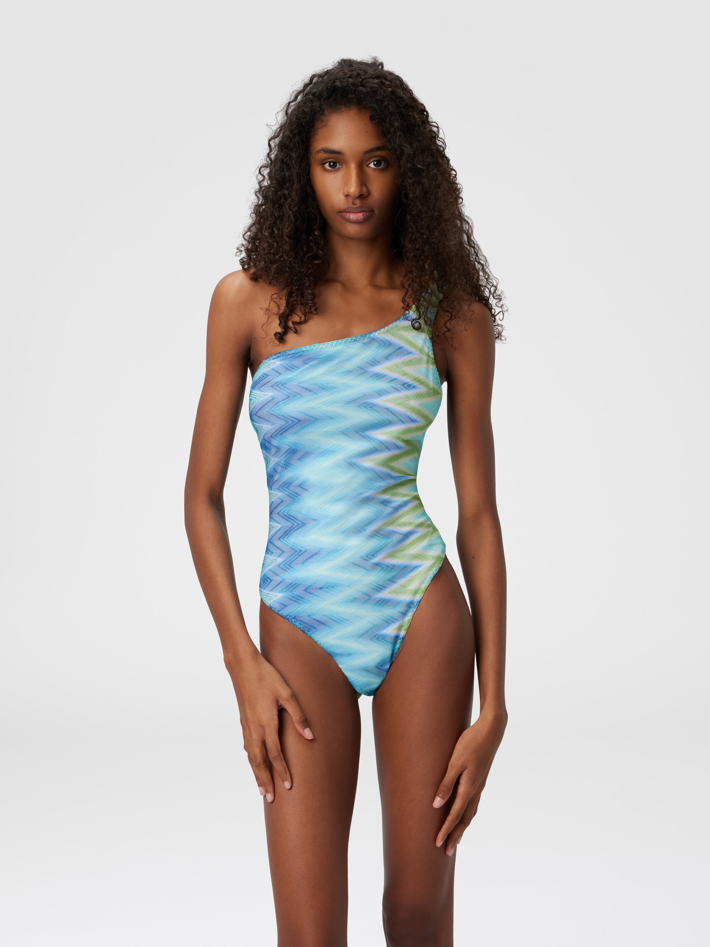 One-Shoulder Swimsuit with Faded Stripes, Blue & Green - 1