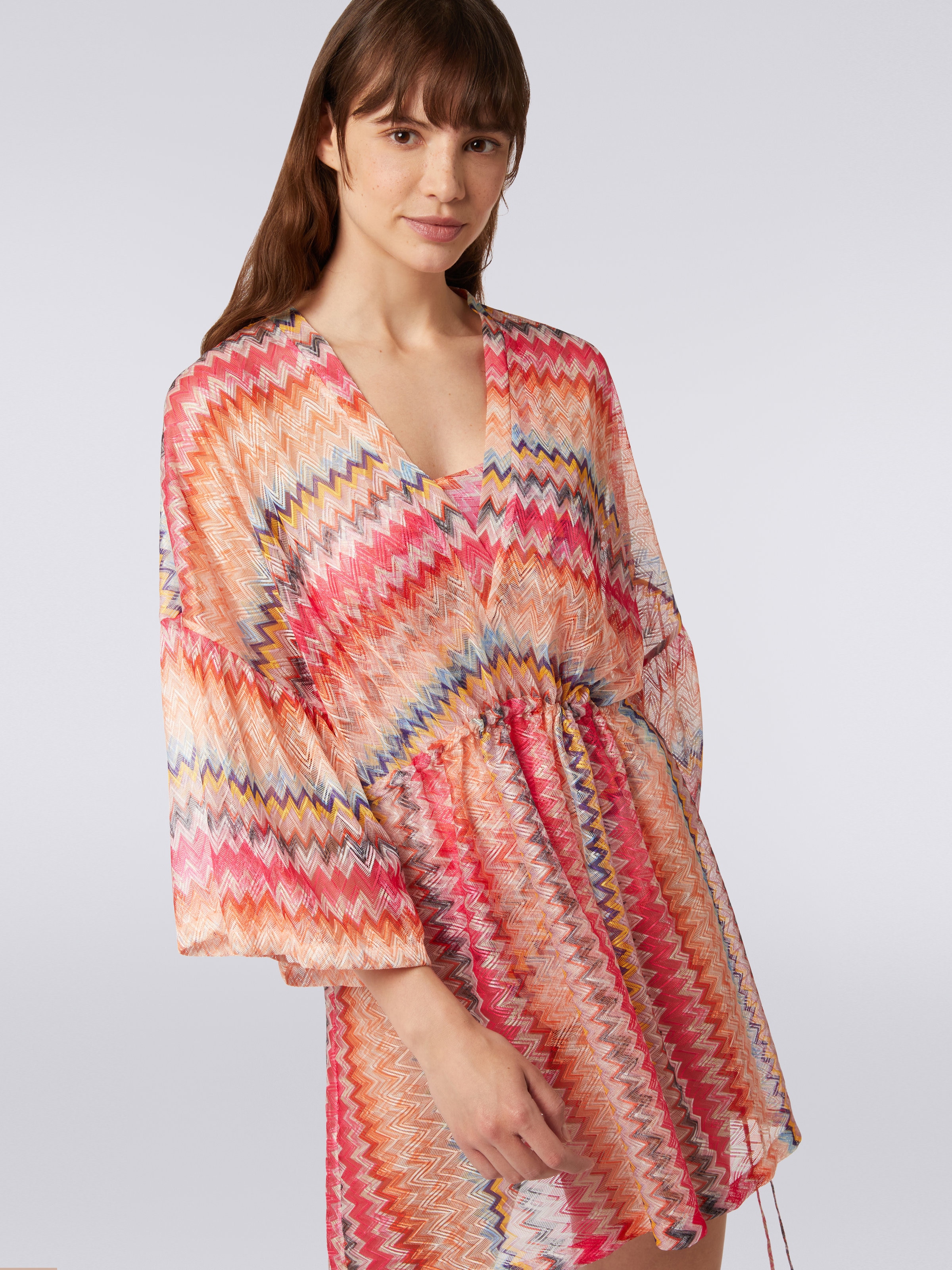 Short chevron viscose tulle cover up, Pink - 4