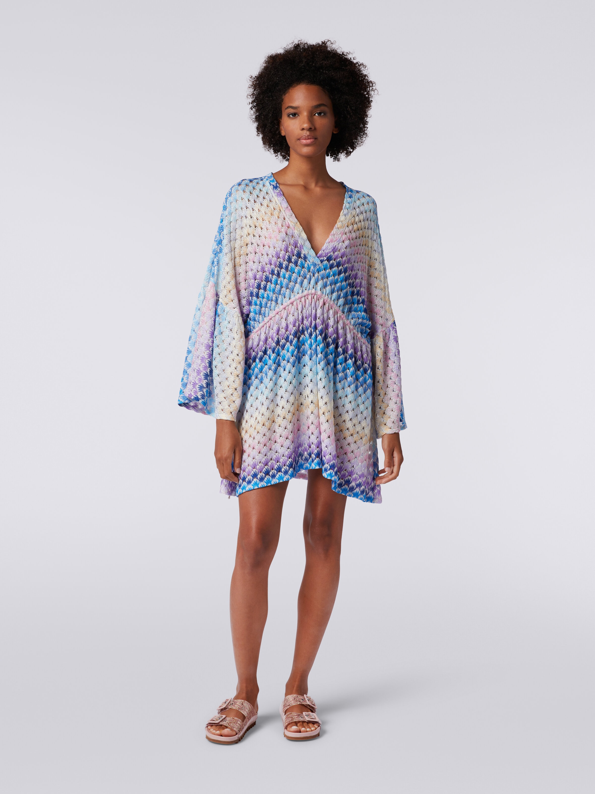 Short lace-effect cover up kaftan with lurex, Blue - 1