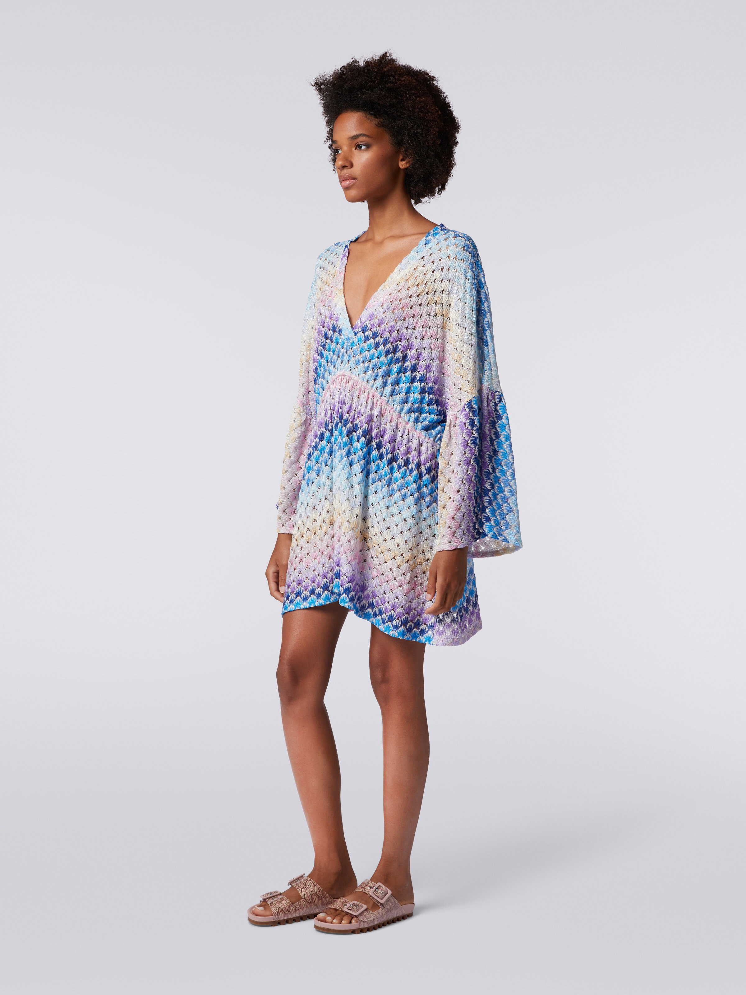 Short lace-effect cover up kaftan with lurex, Blue - 2