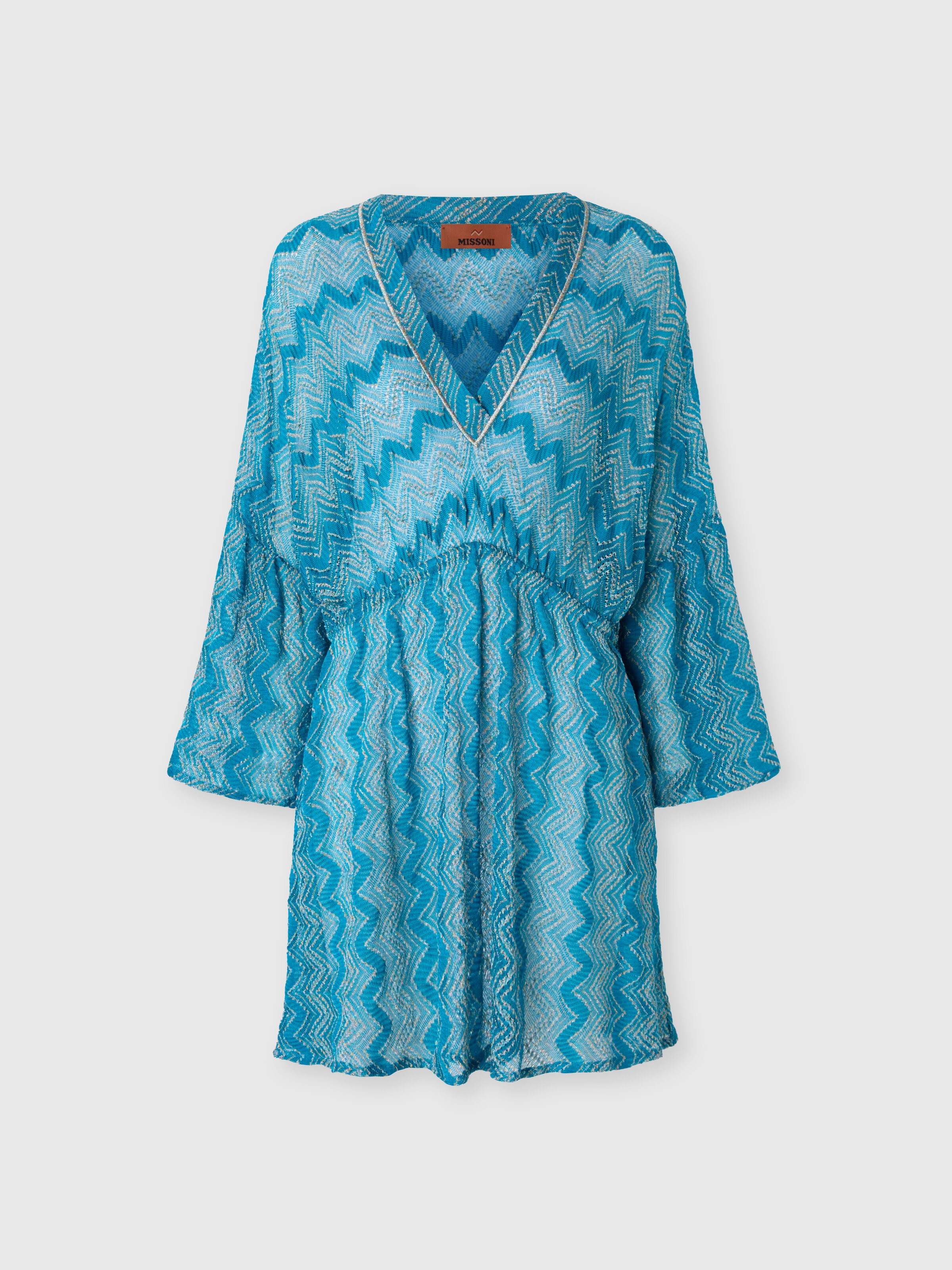 Cover-up dress in zig zag lamé viscose with wide sleeves, Green - 0