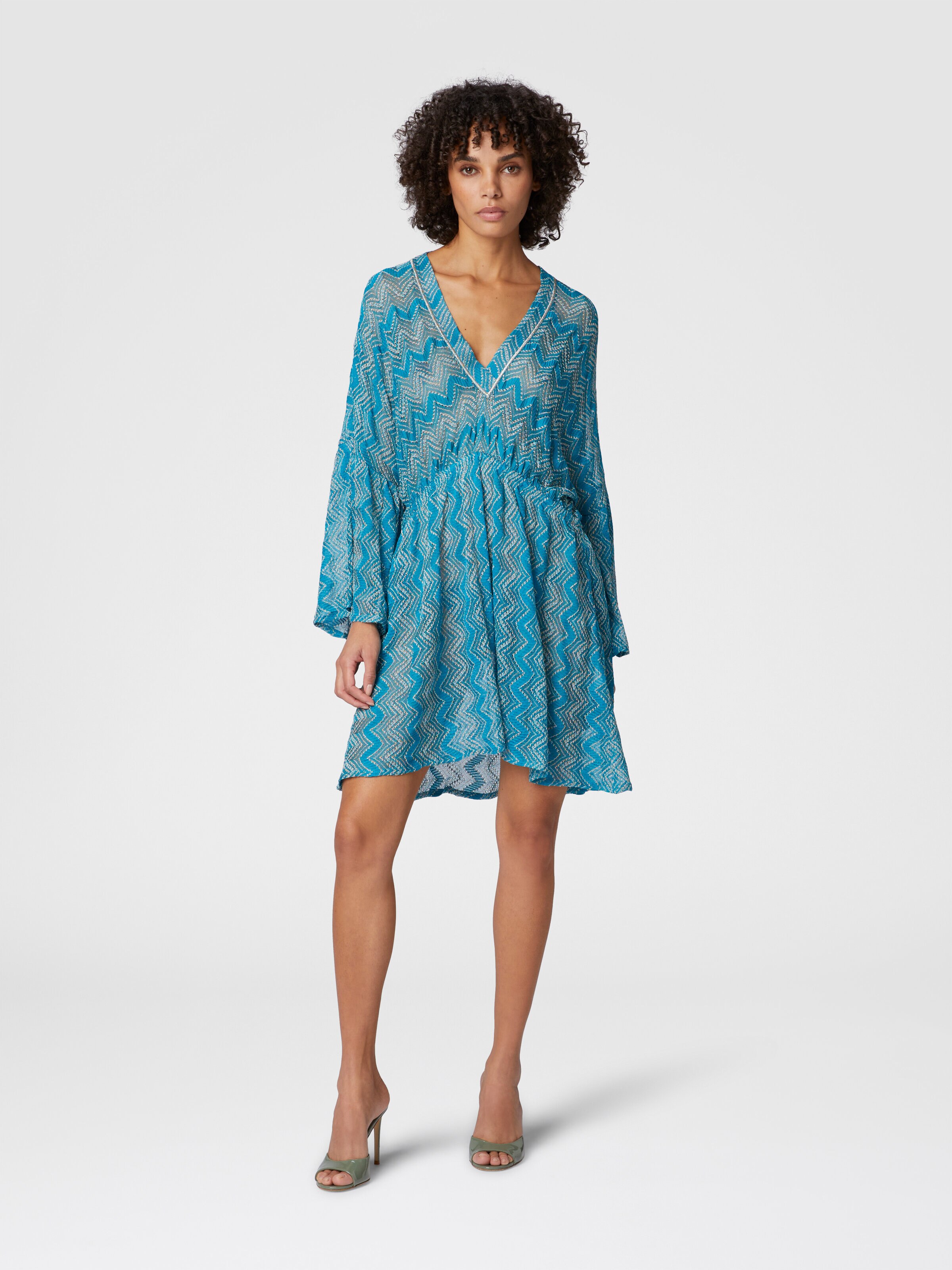 Cover-up dress in zig zag lamé viscose with wide sleeves, Green - 1