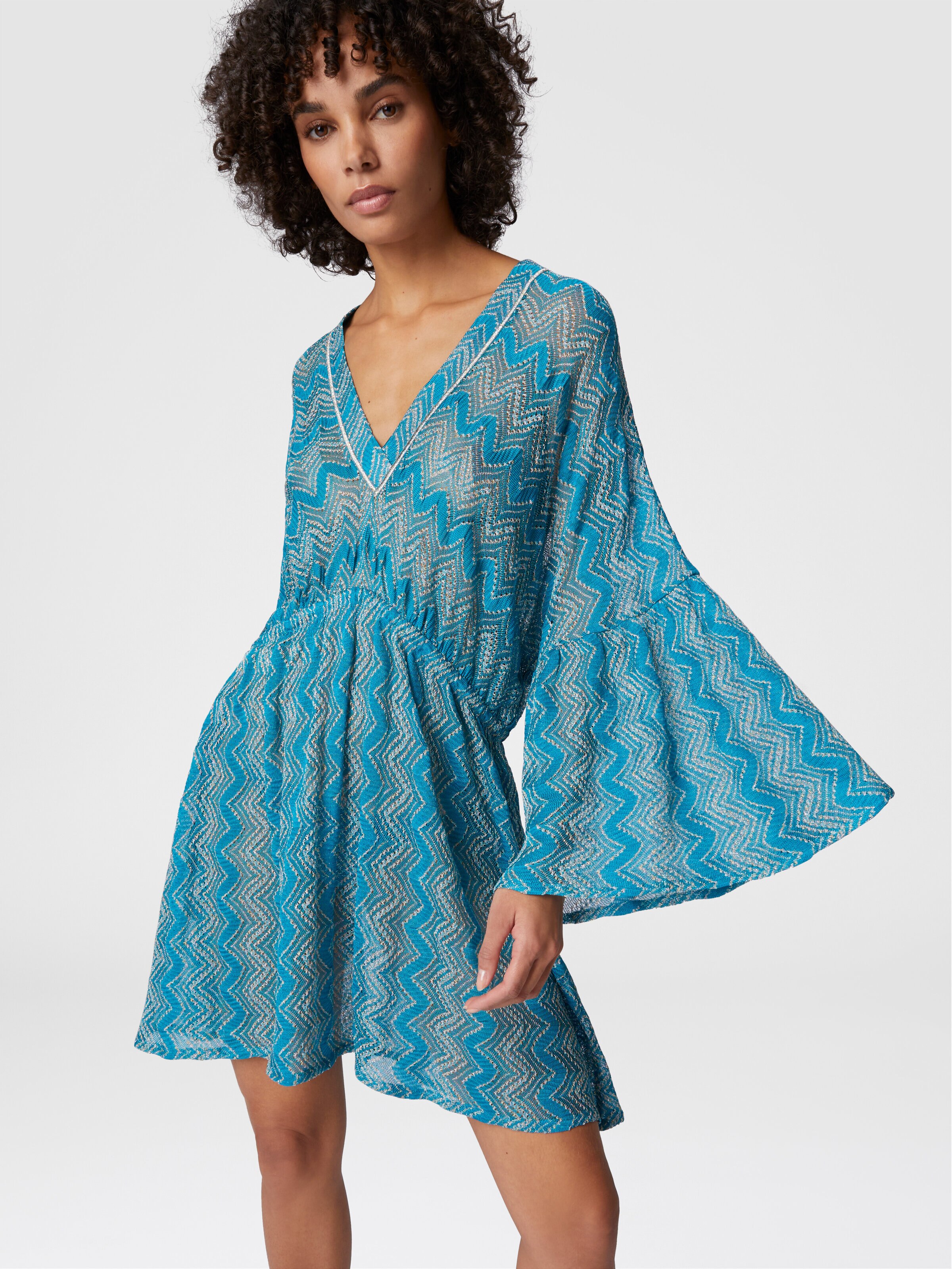 Cover-up dress in zig zag lamé viscose with wide sleeves, Green - 3