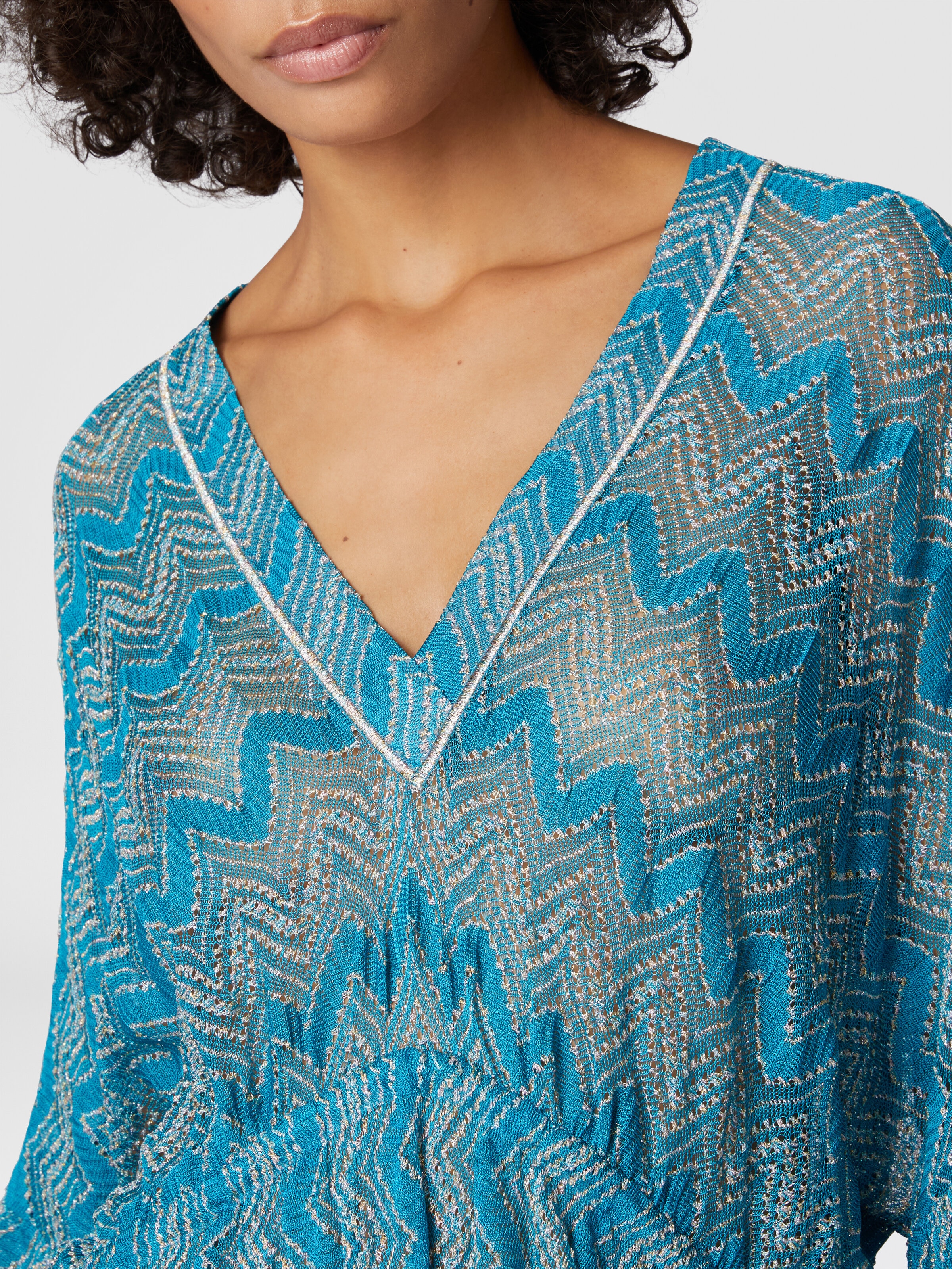 Cover-up dress in zig zag lamé viscose with wide sleeves, Green - 4
