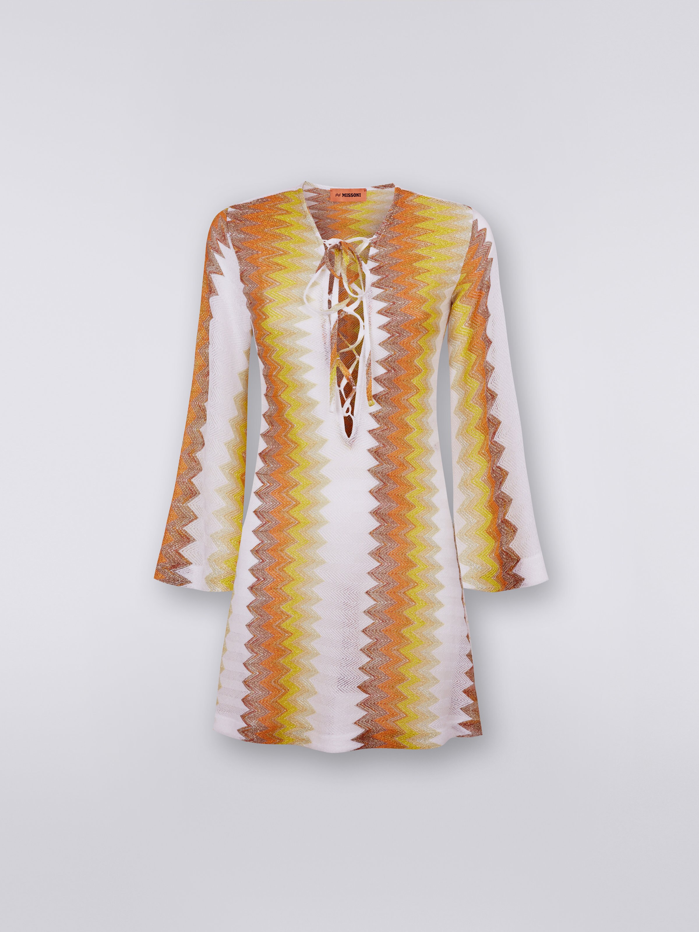Long-sleeved kaftan in viscose blend with zigzag lamé, White, Yellow & Ochre - 0