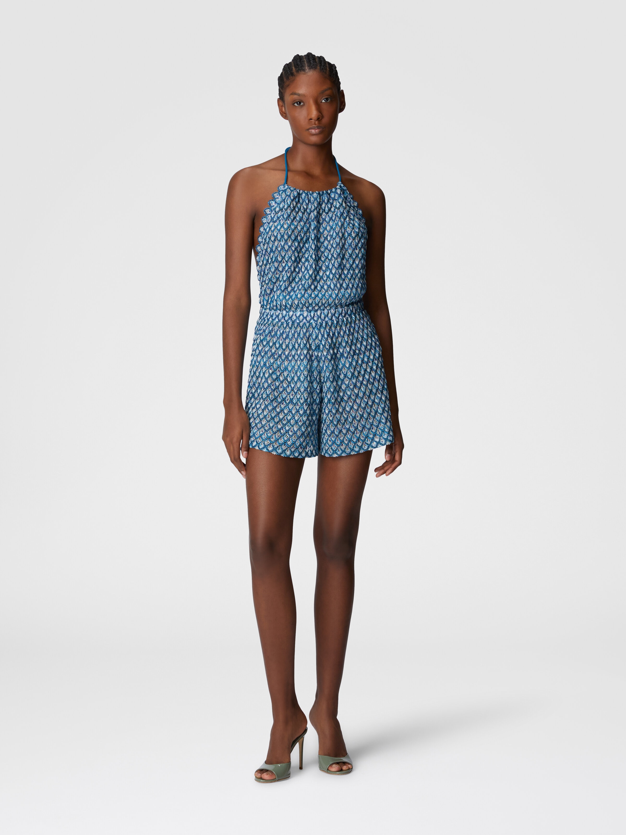 Viscose shorts jumpsuit with lamé shell motif, Multicoloured  - 1