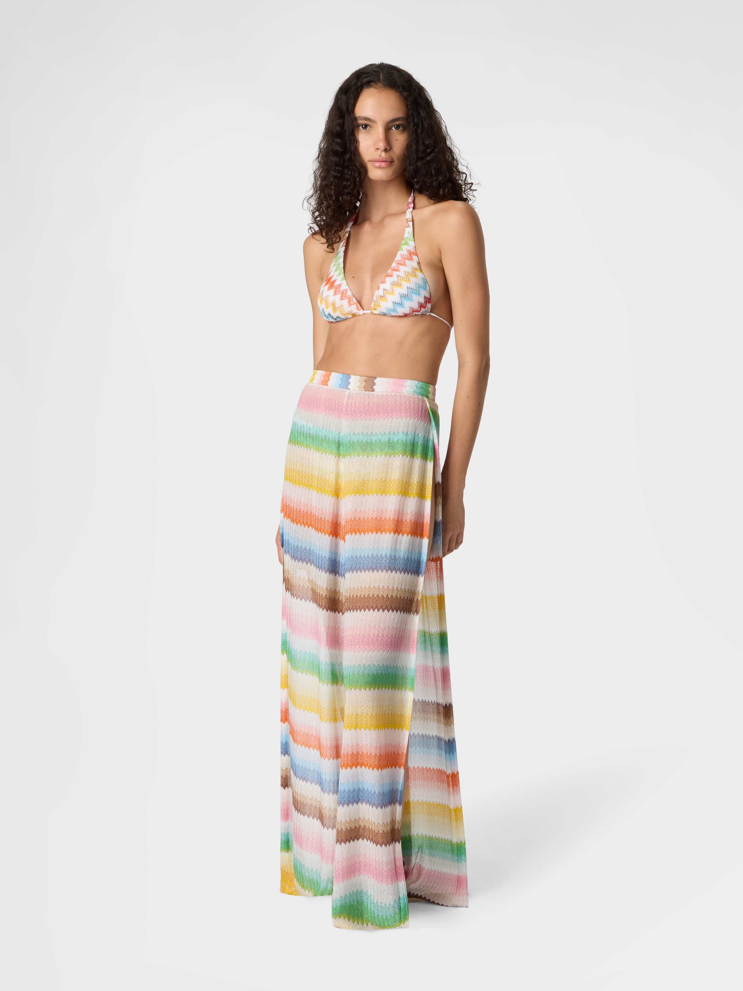 Beach cover-up pants with dégradé zigzag pattern and slits, Multicoloured  - 1