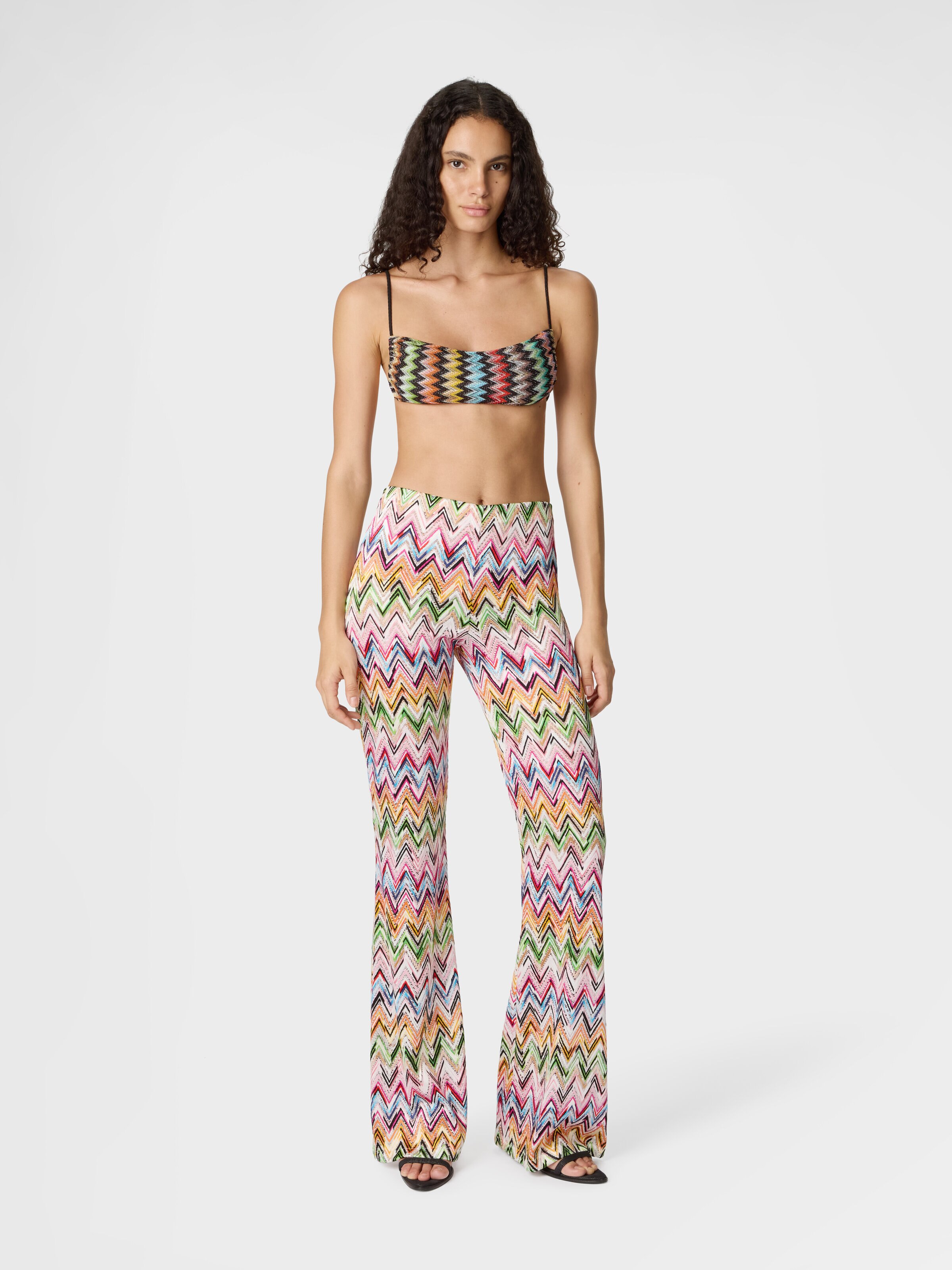 Flared pants in stretch viscose with lace pattern and zigzag motif, Multicoloured  - 1