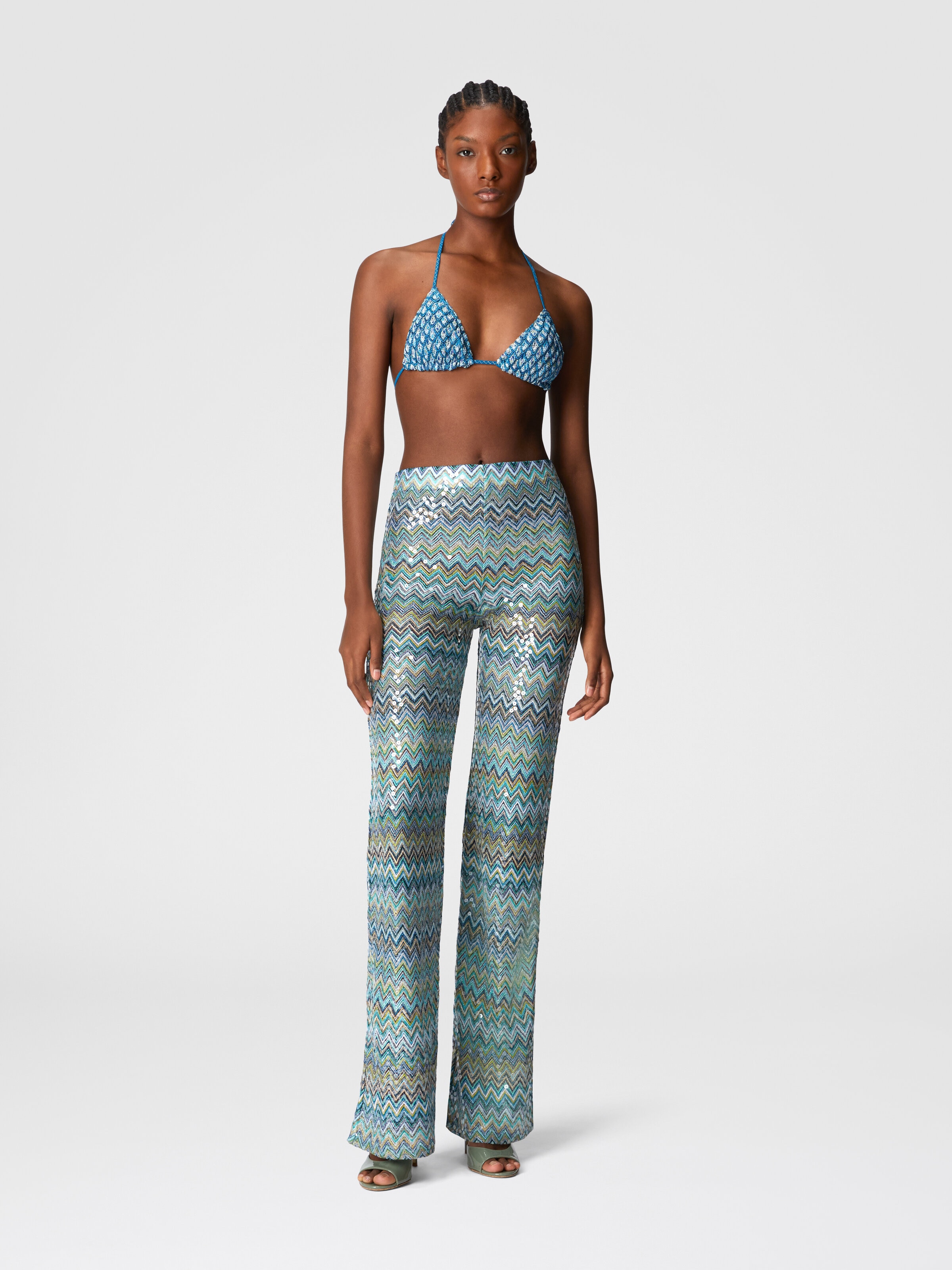 Flare trousers in zig zag lamé viscose with sequins and fringes, Multicoloured  - 1