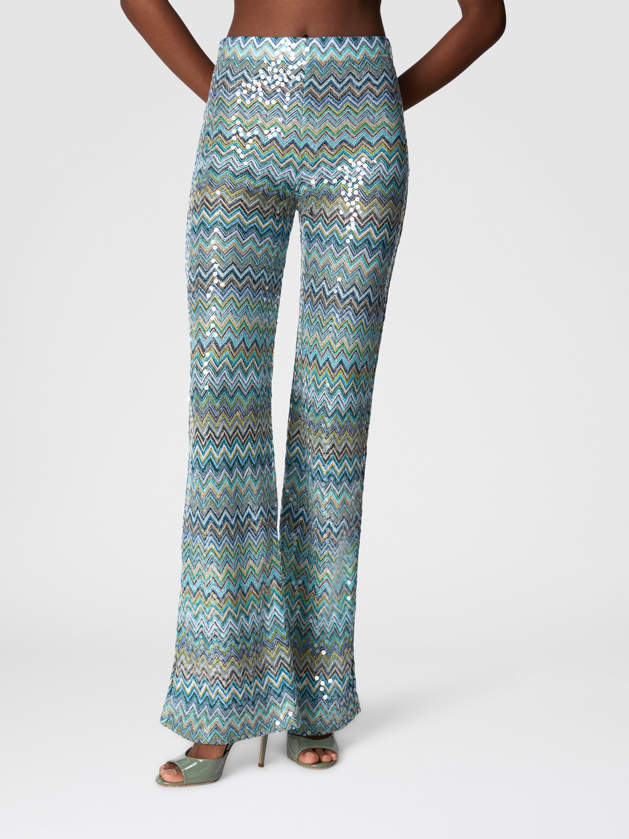 Flare trousers in zig zag lamé viscose with sequins and fringes, Multicoloured  - 3