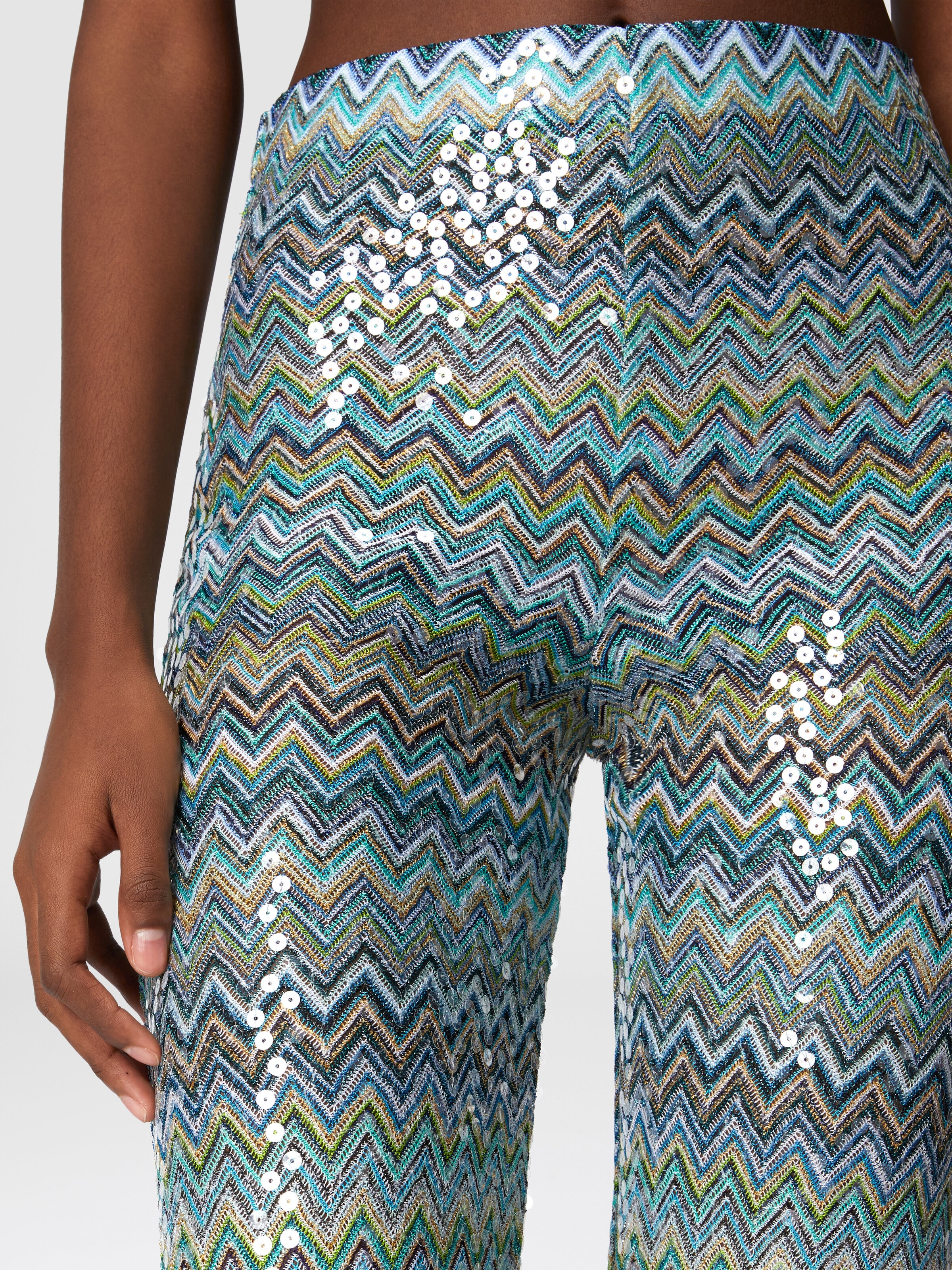 Flare trousers in zig zag lamé viscose with sequins and fringes, Multicoloured  - 4