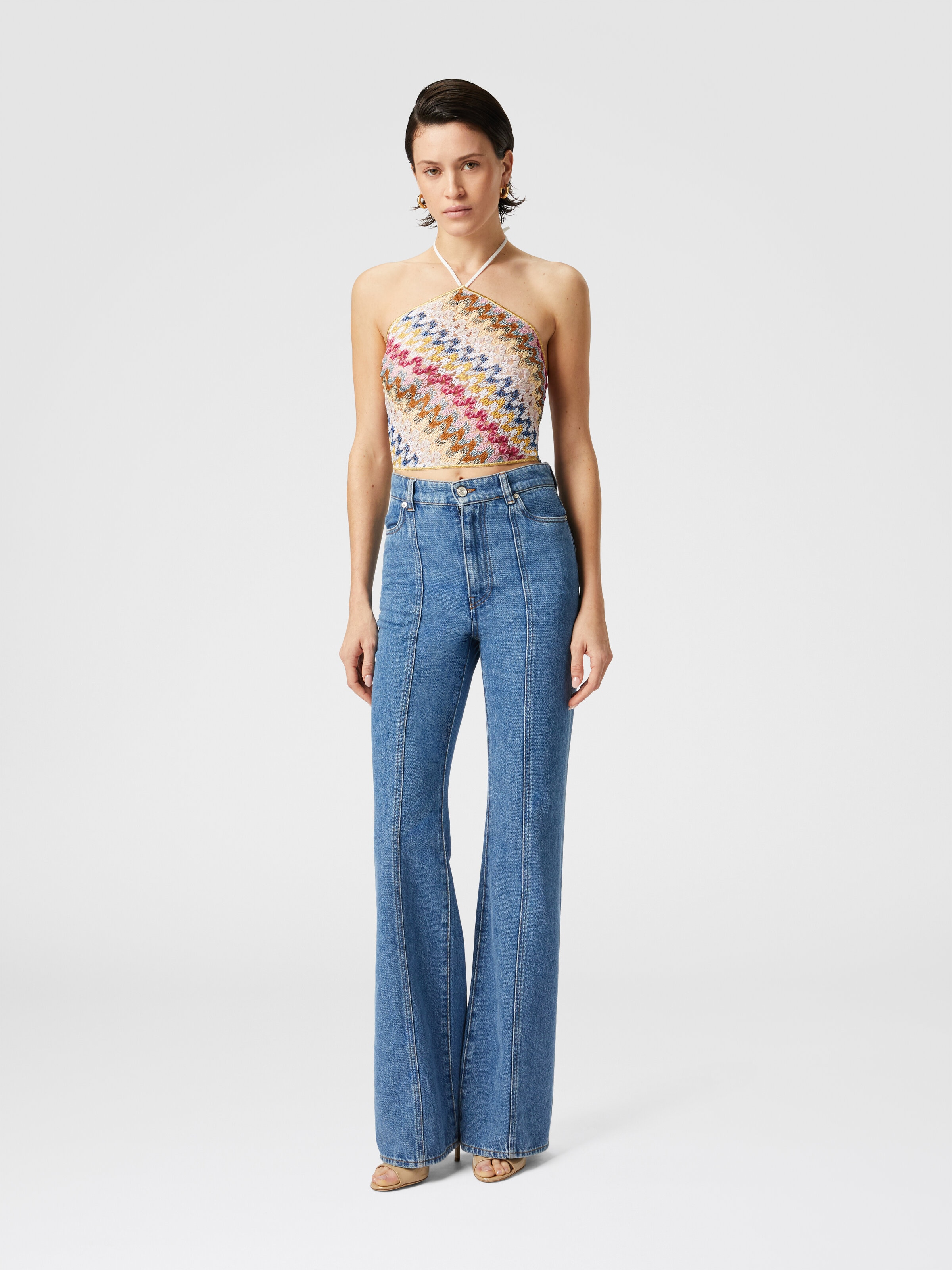 Top de encaje de viscosa lamé con escote halter, Multicolor  - 1