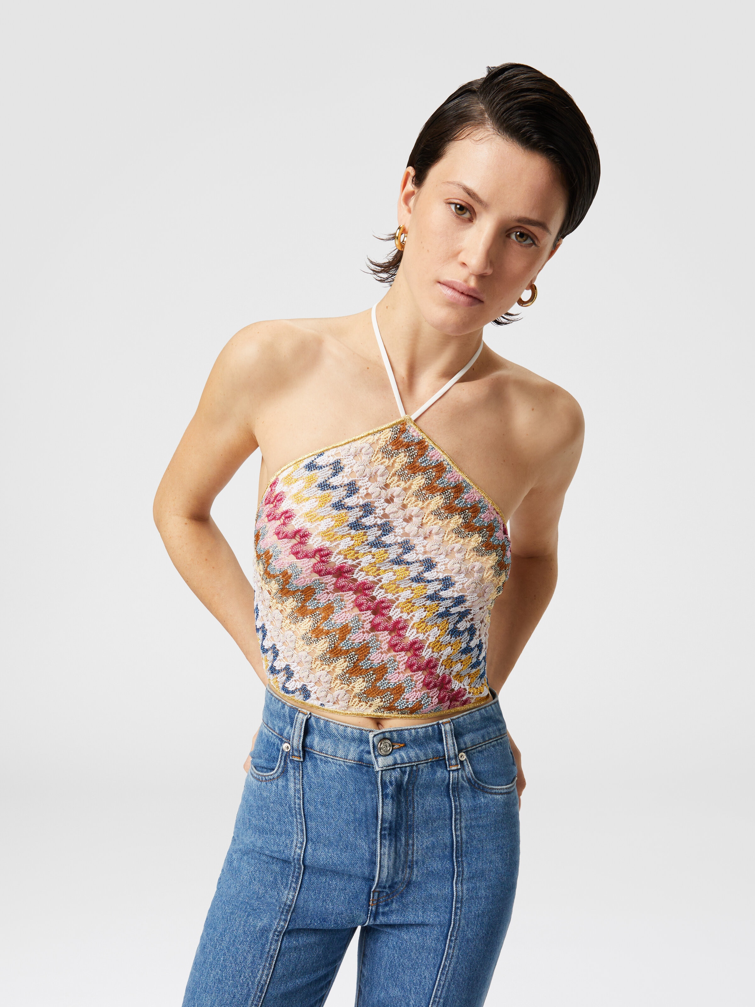 Top de encaje de viscosa lamé con escote halter, Multicolor  - 3