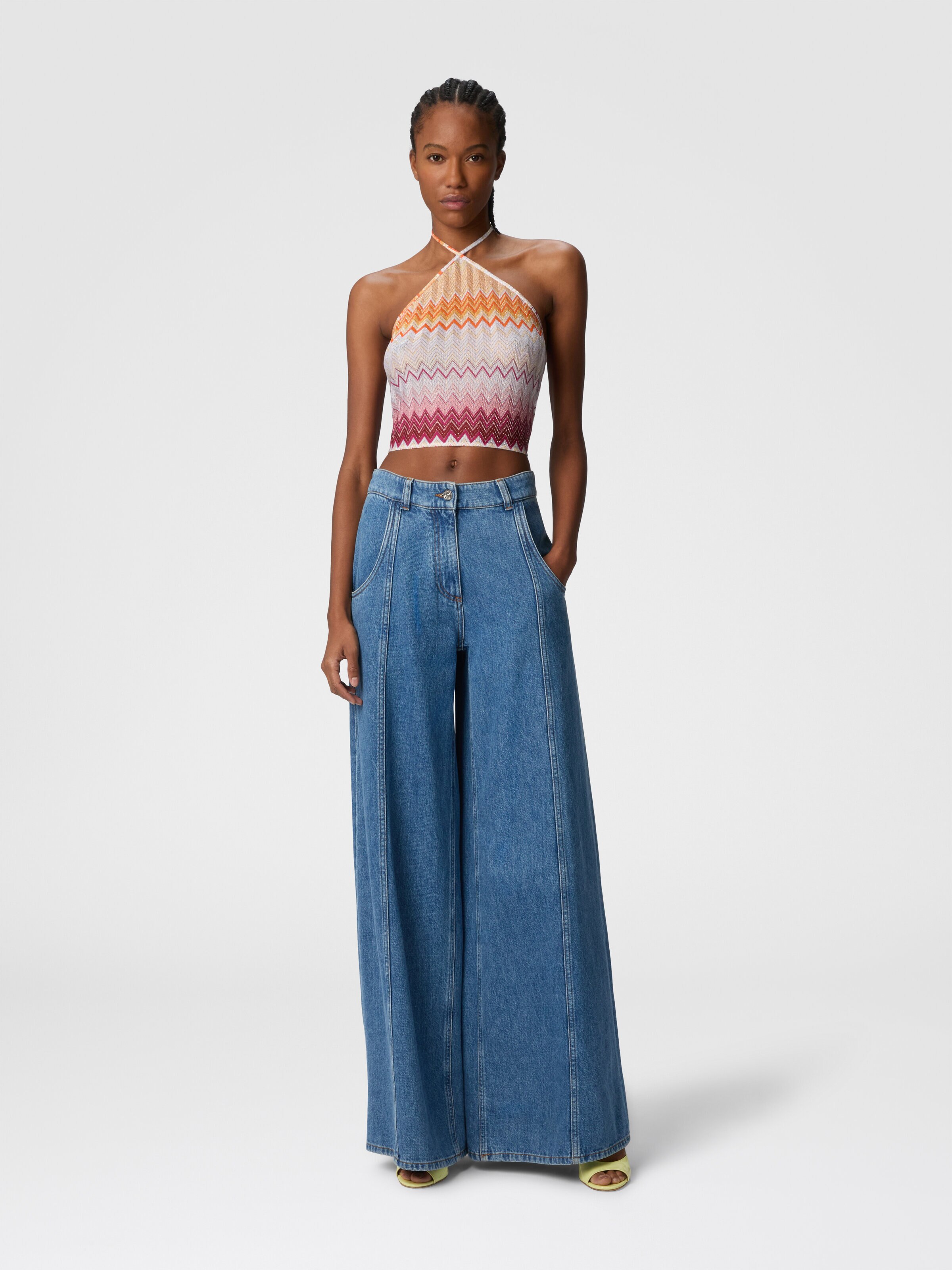 Lamé zigzag viscose blend top with halter neckline, Multicoloured  - 1