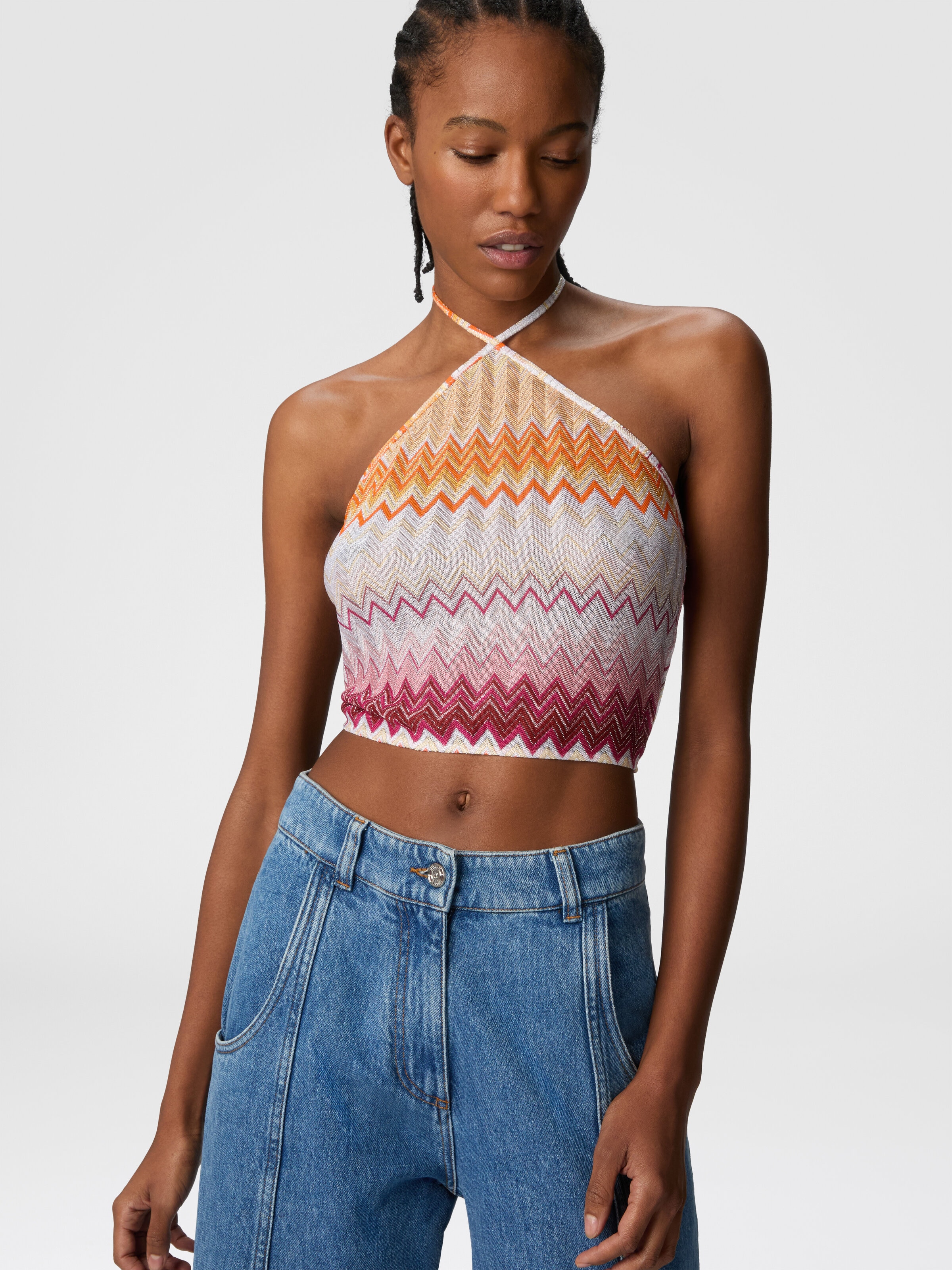 Lamé zigzag viscose blend top with halter neckline, Multicoloured  - 3