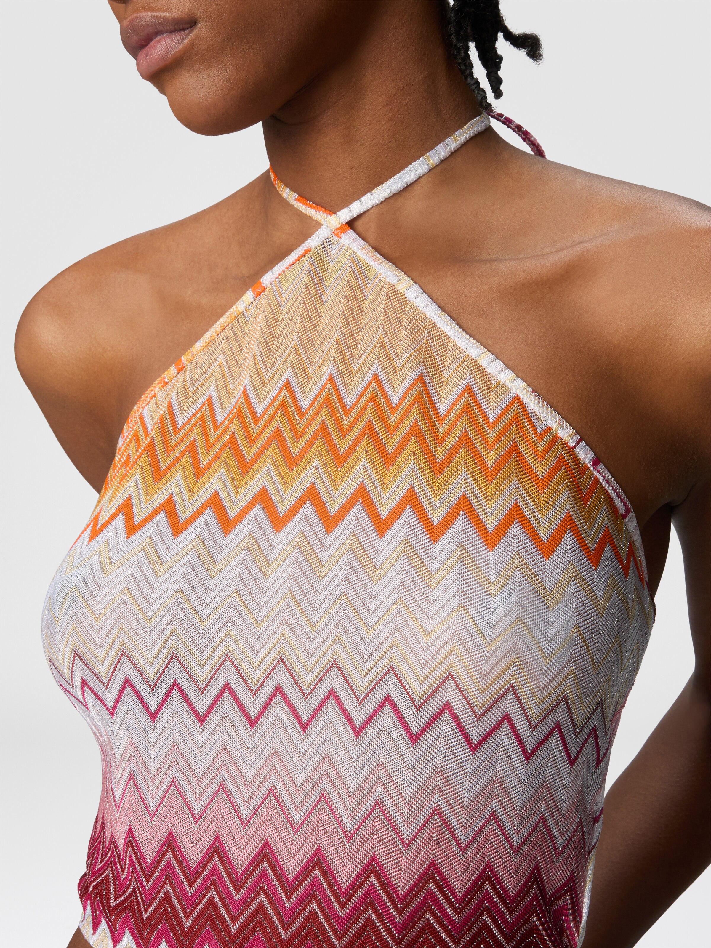 Lamé zigzag viscose blend top with halter neckline, Multicoloured  - 4
