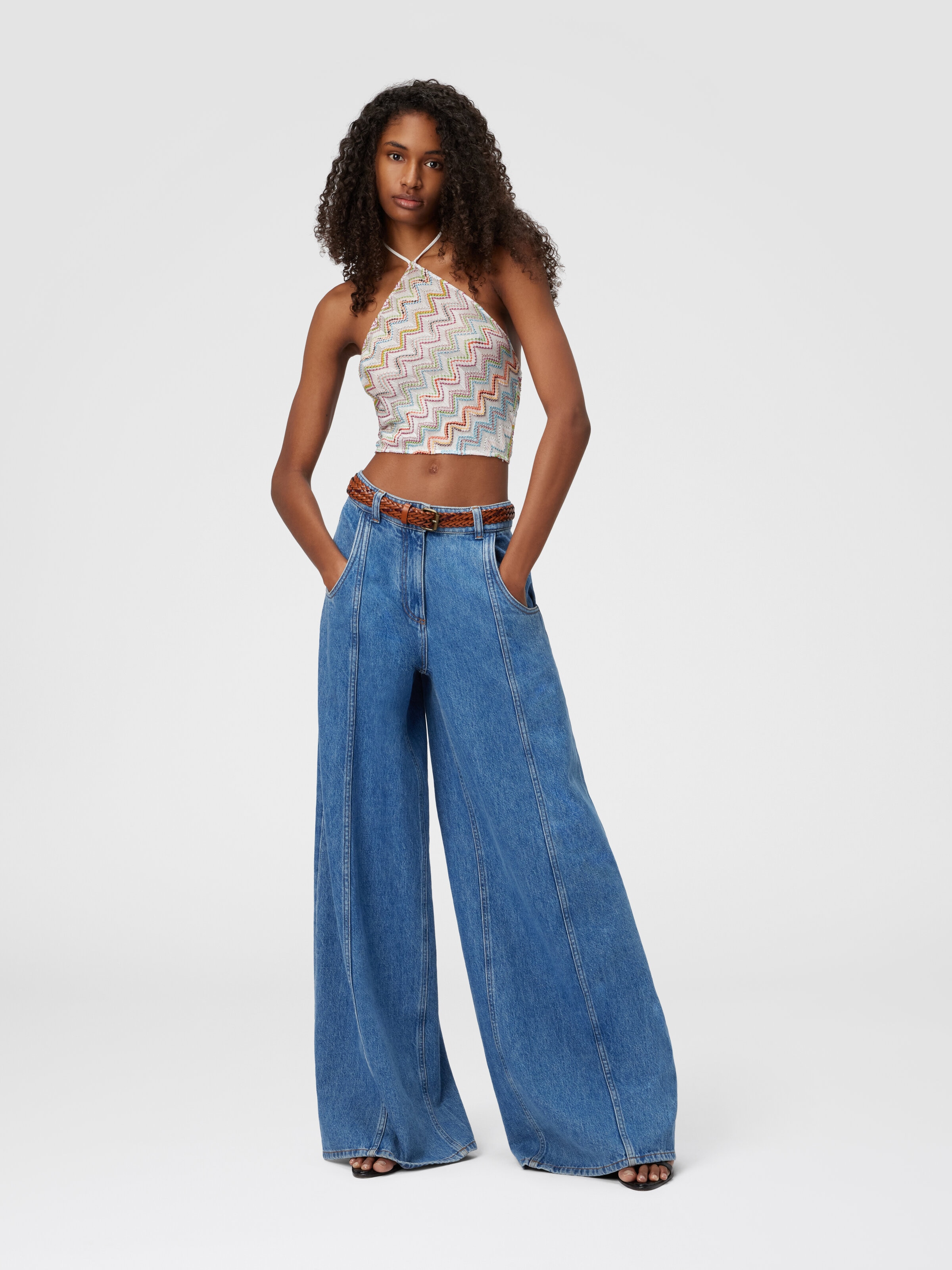 Top de cuello halter en mezcla de viscosa lamé en zigzag, Multicolor  - 1