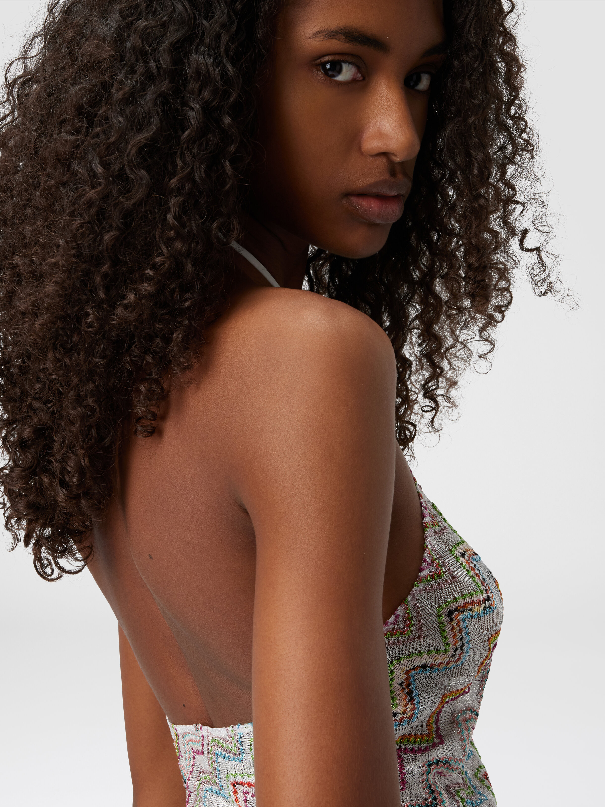 Top de cuello halter en mezcla de viscosa lamé en zigzag, Multicolor  - 3